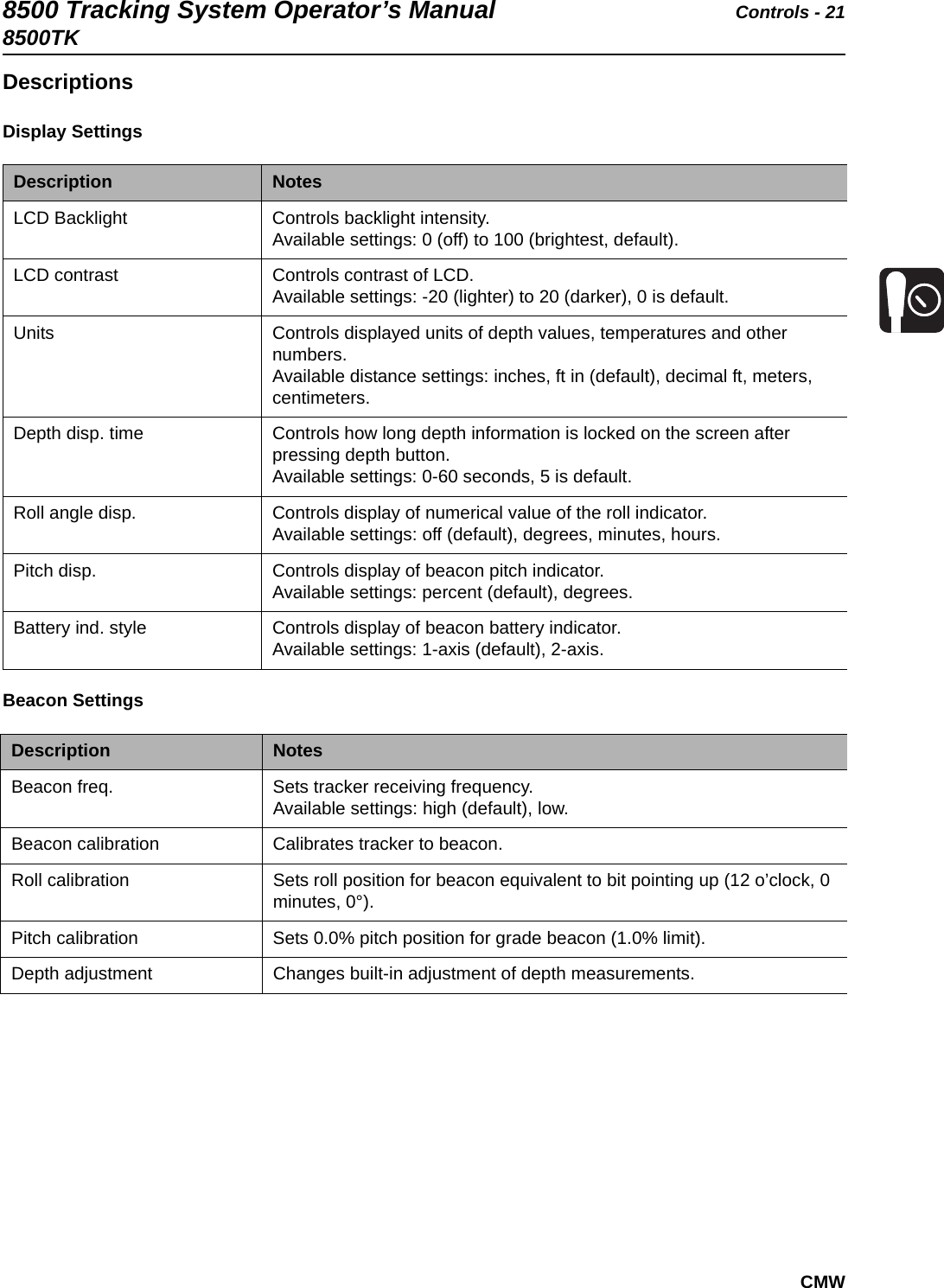 8500 Tracking System Operator’s Manual Controls - 218500TKCMWDescriptionsDisplay Settings  Beacon Settings  Description NotesLCD Backlight Controls backlight intensity.Available settings: 0 (off) to 100 (brightest, default).LCD contrast Controls contrast of LCD.Available settings: -20 (lighter) to 20 (darker), 0 is default.Units Controls displayed units of depth values, temperatures and other numbers.Available distance settings: inches, ft in (default), decimal ft, meters, centimeters.Depth disp. time Controls how long depth information is locked on the screen after pressing depth button.Available settings: 0-60 seconds, 5 is default.Roll angle disp. Controls display of numerical value of the roll indicator.Available settings: off (default), degrees, minutes, hours.Pitch disp. Controls display of beacon pitch indicator.Available settings: percent (default), degrees.Battery ind. style Controls display of beacon battery indicator.Available settings: 1-axis (default), 2-axis.Description NotesBeacon freq. Sets tracker receiving frequency.Available settings: high (default), low.Beacon calibration Calibrates tracker to beacon.Roll calibration Sets roll position for beacon equivalent to bit pointing up (12 o’clock, 0 minutes, 0°).Pitch calibration Sets 0.0% pitch position for grade beacon (1.0% limit).Depth adjustment Changes built-in adjustment of depth measurements.