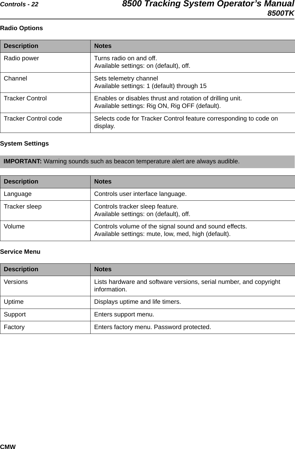 Controls - 22 8500 Tracking System Operator’s Manual8500TKCMWRadio Options  System Settings  Service Menu   Description NotesRadio power Turns radio on and off.Available settings: on (default), off.Channel Sets telemetry channel Available settings: 1 (default) through 15Tracker Control Enables or disables thrust and rotation of drilling unit.Available settings: Rig ON, Rig OFF (default).Tracker Control code Selects code for Tracker Control feature corresponding to code on display.IMPORTANT: Warning sounds such as beacon temperature alert are always audible.Description NotesLanguage Controls user interface language. Tracker sleep Controls tracker sleep feature. Available settings: on (default), off.Volume Controls volume of the signal sound and sound effects.Available settings: mute, low, med, high (default).Description NotesVersions Lists hardware and software versions, serial number, and copyright information.Uptime Displays uptime and life timers.Support Enters support menu.Factory Enters factory menu. Password protected.