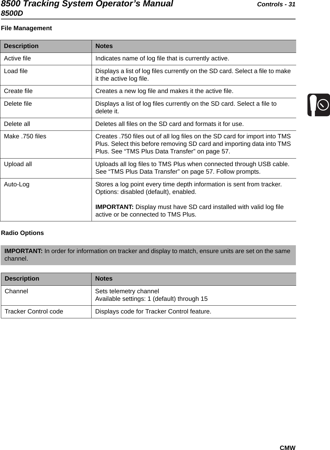 8500 Tracking System Operator’s Manual Controls - 318500DCMWFile Management  Radio Options  Description NotesActive file Indicates name of log file that is currently active.Load file Displays a list of log files currently on the SD card. Select a file to make it the active log file.Create file Creates a new log file and makes it the active file.Delete file Displays a list of log files currently on the SD card. Select a file to delete it.Delete all Deletes all files on the SD card and formats it for use.Make .750 files Creates .750 files out of all log files on the SD card for import into TMS Plus. Select this before removing SD card and importing data into TMS Plus. See “TMS Plus Data Transfer” on page 57.Upload all Uploads all log files to TMS Plus when connected through USB cable. See “TMS Plus Data Transfer” on page 57. Follow prompts.Auto-Log Stores a log point every time depth information is sent from tracker.Options: disabled (default), enabled.IMPORTANT: Display must have SD card installed with valid log file active or be connected to TMS Plus.IMPORTANT: In order for information on tracker and display to match, ensure units are set on the same channel.Description NotesChannel Sets telemetry channel Available settings: 1 (default) through 15Tracker Control code Displays code for Tracker Control feature.