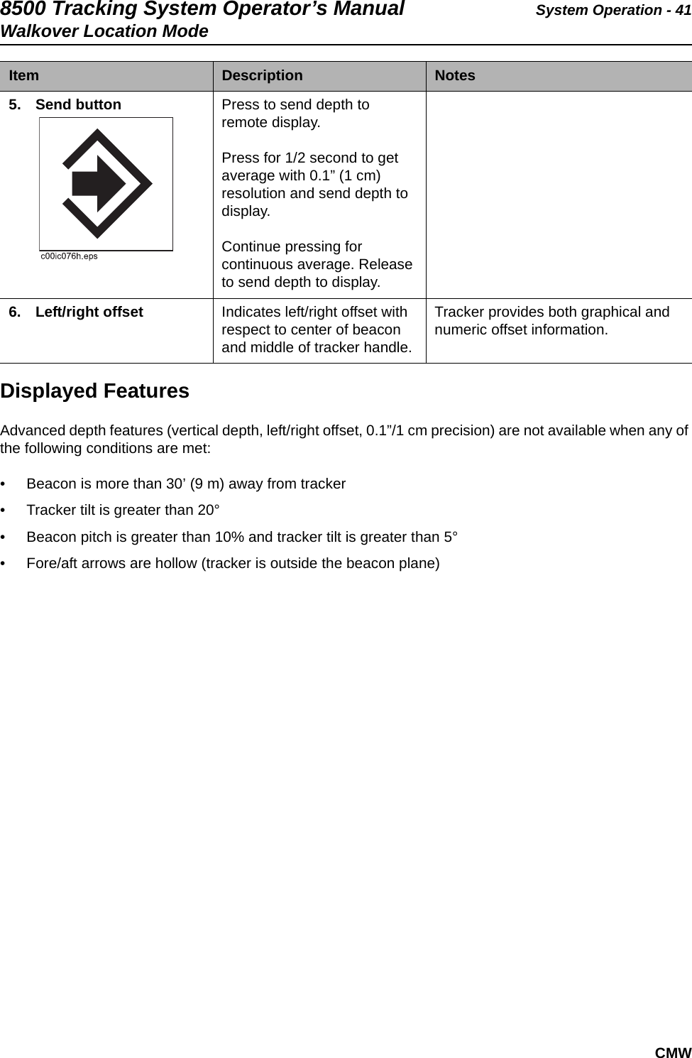 8500 Tracking System Operator’s Manual System Operation - 41Walkover Location ModeCMWDisplayed FeaturesAdvanced depth features (vertical depth, left/right offset, 0.1”/1 cm precision) are not available when any of the following conditions are met:• Beacon is more than 30’ (9 m) away from tracker• Tracker tilt is greater than 20°• Beacon pitch is greater than 10% and tracker tilt is greater than 5° • Fore/aft arrows are hollow (tracker is outside the beacon plane) 5. Send button  Press to send depth to remote display.Press for 1/2 second to get average with 0.1” (1 cm) resolution and send depth to display.Continue pressing for continuous average. Release to send depth to display.6. Left/right offset  Indicates left/right offset with respect to center of beacon and middle of tracker handle.Tracker provides both graphical and numeric offset information.Item  Description Notes