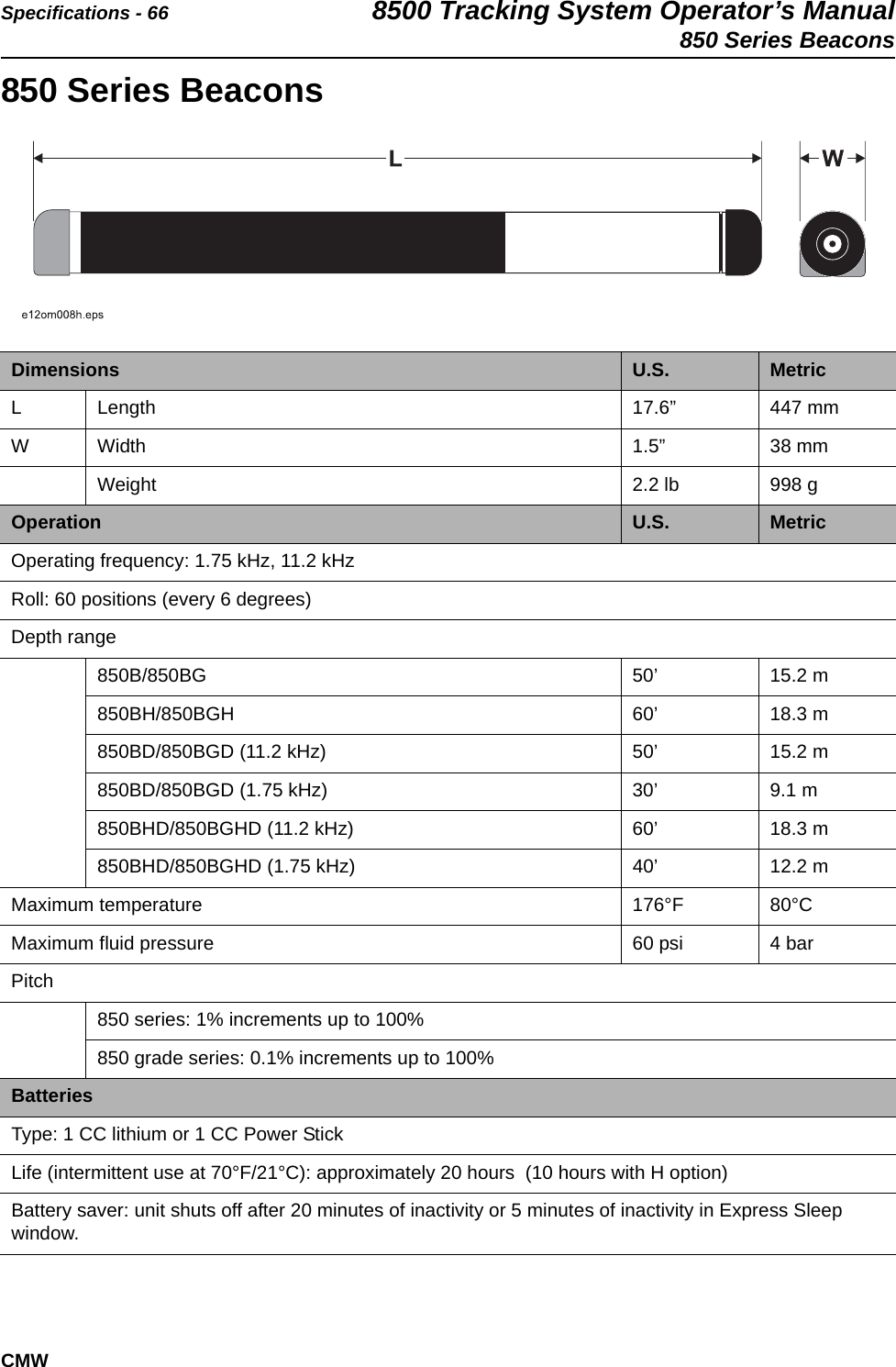 Specifications - 66 8500 Tracking System Operator’s Manual850 Series BeaconsCMW850 Series Beacons  Dimensions U.S. MetricL Length 17.6” 447 mmW Width 1.5” 38 mmWeight 2.2 lb 998 gOperation U.S. MetricOperating frequency: 1.75 kHz, 11.2 kHzRoll: 60 positions (every 6 degrees)Depth range850B/850BG 50’ 15.2 m850BH/850BGH 60’ 18.3 m850BD/850BGD (11.2 kHz) 50’ 15.2 m850BD/850BGD (1.75 kHz) 30’ 9.1 m850BHD/850BGHD (11.2 kHz) 60’ 18.3 m850BHD/850BGHD (1.75 kHz) 40’ 12.2 mMaximum temperature 176°F 80°CMaximum fluid pressure 60 psi 4 barPitch850 series: 1% increments up to 100%850 grade series: 0.1% increments up to 100%BatteriesType: 1 CC lithium or 1 CC Power Stick Life (intermittent use at 70°F/21°C): approximately 20 hours  (10 hours with H option)Battery saver: unit shuts off after 20 minutes of inactivity or 5 minutes of inactivity in Express Sleep window.