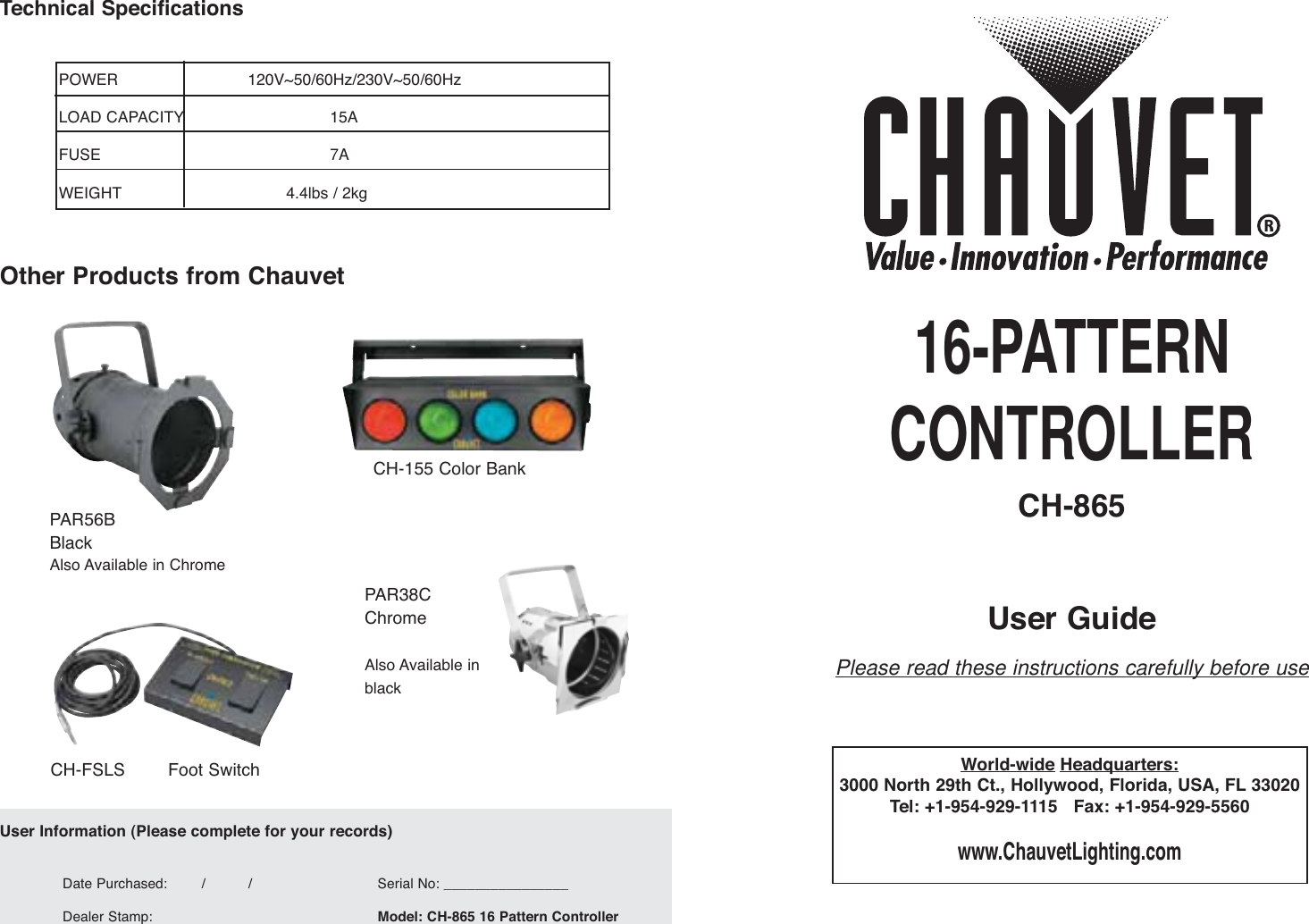 Page 1 of 2 - Chauvet Chauvet-Ch-865-Users-Manual- SF-865 Control UserGuide (Page 2 - 3)  Chauvet-ch-865-users-manual