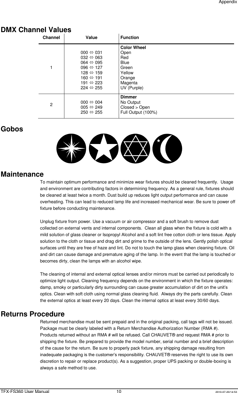 Page 10 of 12 - Chauvet Chauvet-Tfx-Fs360-Users-Manual-  Chauvet-tfx-fs360-users-manual