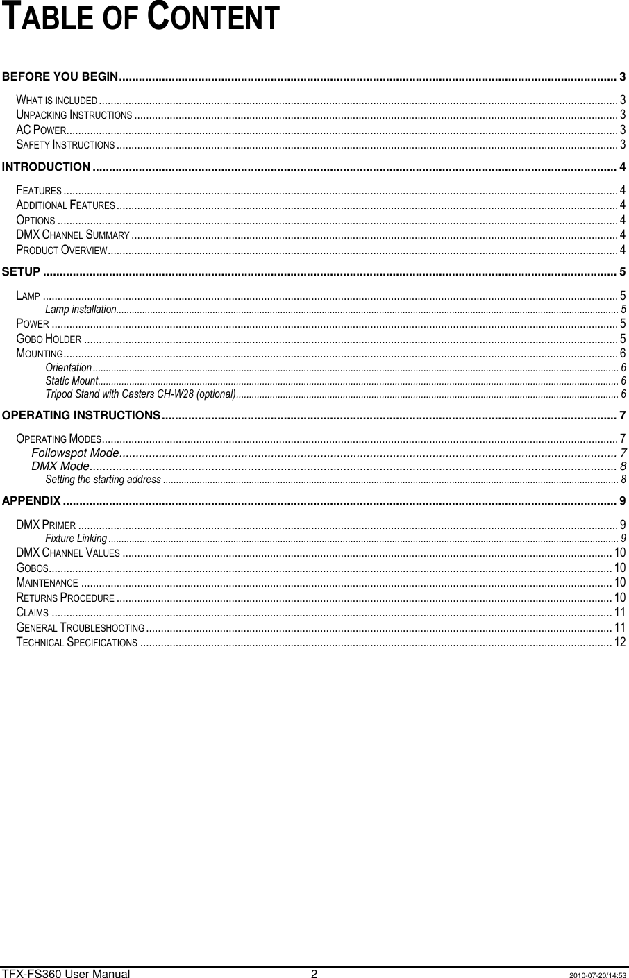 Page 2 of 12 - Chauvet Chauvet-Tfx-Fs360-Users-Manual-  Chauvet-tfx-fs360-users-manual