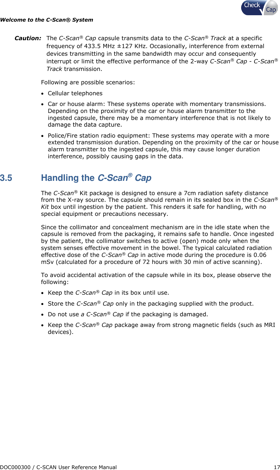 Page 17 of Check Cap CAP10007506 C-Scan Cap transceiver User Manual Title