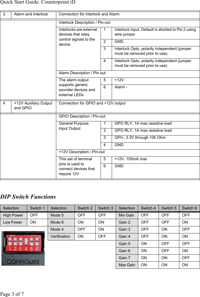 Quick Start Guide: Counterpoint iDPage 3 of 7DIP Switch Functions3 Alarm and Interlock Connection for Interlock and AlarmInterlock Description / Pin-outInterlocks are external devices that relay control signals to the device1 Interlock Input. Default is shorted to Pin 2 using wire jumper2GND3 Interlock Opto, polarity independent (jumper must be removed prior to use).4 Interlock Opto, polarity independent (jumper must be removed prior to use)Alarm Description / Pin-outThe alarm output supports generic sounder devices and external LEDs5+12V6Alarm -4 +12V Auxiliary Output and GPIOConnection for GPIO and +12V outputGPIO Description / Pin-outGeneral Purpose Input Output1 GPO RLY, 1A max resistive load2 GPO RLY, 1A max resistive load3 GPI+, 3.3V through 10k Ohm4GND+12V Description / Pin-outThis set of terminal pins is used to connect devices that require 12V5 +12V, 100mA max6GNDSelection Switch 1 Selection Switch 2 Switch 3 Selection Switch 4 Switch 5 Switch 6High Power OFF Mode 5 OFF OFF Min Gain OFF OFF OFFLow Power ON Mode 6 ON ON Gain 2 OFF OFF ON Mode 4 OFF ON Gain 3 OFF ON OFFVerification ON OFF Gain 4 OFF ON ONGain 5 ON OFF OFFGain 6 ON OFF ONGain 7ONONOFFMax Gain ON ON ON