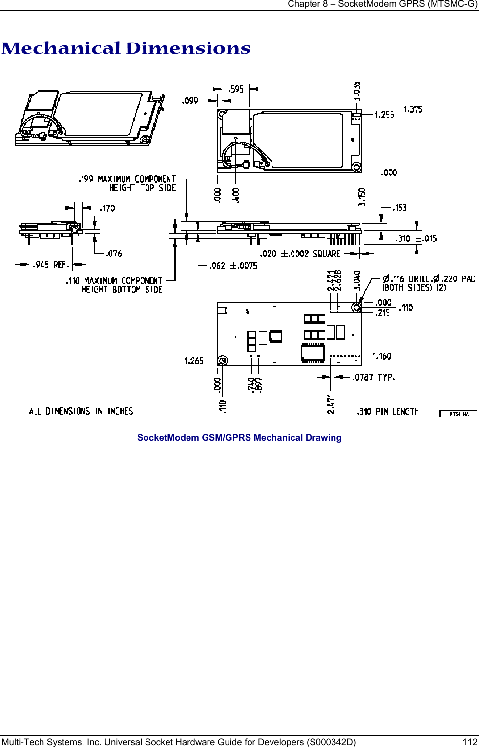 Chapter 8 – SocketModem GPRS (MTSMC-G) Multi-Tech Systems, Inc. Universal Socket Hardware Guide for Developers (S000342D)  112  Mechanical Dimensions    SocketModem GSM/GPRS Mechanical Drawing  