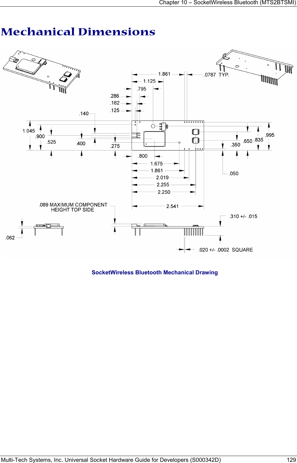 Chapter 10 – SocketWireless Bluetooth (MTS2BTSMI) Multi-Tech Systems, Inc. Universal Socket Hardware Guide for Developers (S000342D)  129  Mechanical Dimensions    SocketWireless Bluetooth Mechanical Drawing  