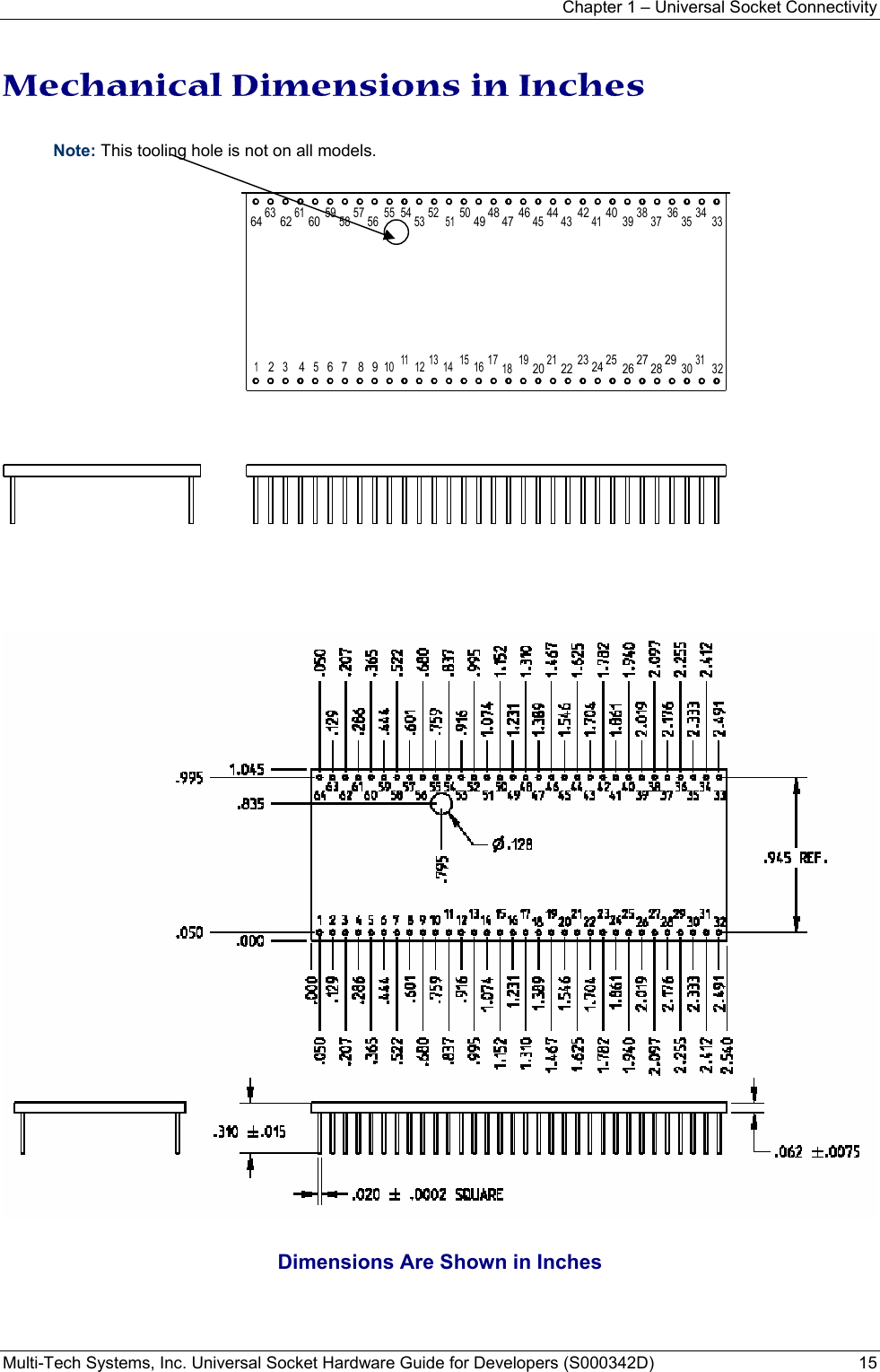 Chapter 1 – Universal Socket Connectivity Multi-Tech Systems, Inc. Universal Socket Hardware Guide for Developers (S000342D)  15   Mechanical Dimensions in Inches  Note: This tooling hole is not on all models.  1234567 8910111213141516 17 18 1920212223242526 27 28 29303132646362616059 58 57 5655545352515049 48 47 4645444342414039 38 37 36353433       Dimensions Are Shown in Inches