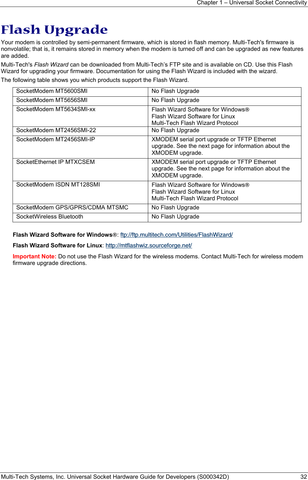 Chapter 1 – Universal Socket Connectivity Multi-Tech Systems, Inc. Universal Socket Hardware Guide for Developers (S000342D)  32  Flash Upgrade Your modem is controlled by semi-permanent firmware, which is stored in flash memory. Multi-Tech&apos;s firmware is nonvolatile; that is, it remains stored in memory when the modem is turned off and can be upgraded as new features are added.  Multi-Tech&apos;s Flash Wizard can be downloaded from Multi-Tech’s FTP site and is available on CD. Use this Flash Wizard for upgrading your firmware. Documentation for using the Flash Wizard is included with the wizard. The following table shows you which products support the Flash Wizard. SocketModem MT5600SMI  No Flash Upgrade SocketModem MT5656SMI  No Flash Upgrade SocketModem MT5634SMI-xx  Flash Wizard Software for Windows Flash Wizard Software for Linux Multi-Tech Flash Wizard Protocol SocketModem MT2456SMI-22  No Flash Upgrade SocketModem MT2456SMI-IP  XMODEM serial port upgrade or TFTP Ethernet upgrade. See the next page for information about the XMODEM upgrade. SocketEthernet IP MTXCSEM  XMODEM serial port upgrade or TFTP Ethernet upgrade. See the next page for information about the XMODEM upgrade. SocketModem ISDN MT128SMI  Flash Wizard Software for Windows Flash Wizard Software for Linux Multi-Tech Flash Wizard Protocol SocketModem GPS/GPRS/CDMA MTSMC  No Flash Upgrade SocketWireless Bluetooth  No Flash Upgrade  Flash Wizard Software for Windows: ftp://ftp.multitech.com/Utilities/FlashWizard/ Flash Wizard Software for Linux: http://mtflashwiz.sourceforge.net/ Important Note: Do not use the Flash Wizard for the wireless modems. Contact Multi-Tech for wireless modem firmware upgrade directions.