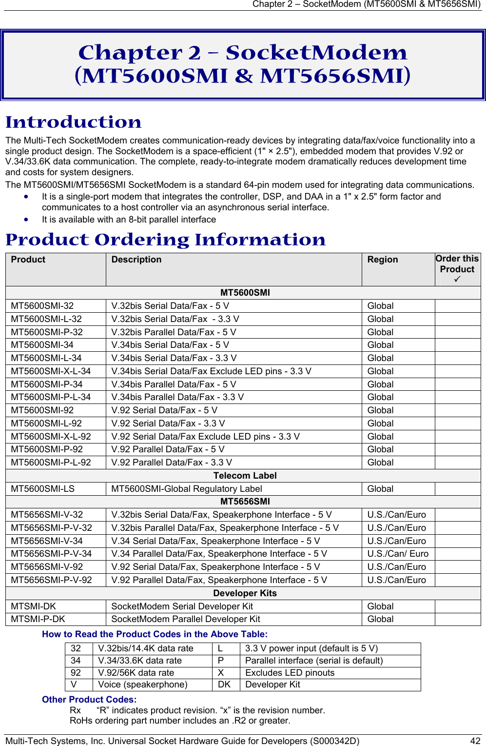 Chapter 2 – SocketModem (MT5600SMI &amp; MT5656SMI) Multi-Tech Systems, Inc. Universal Socket Hardware Guide for Developers (S000342D)  42 Chapter 2 – SocketModem (MT5600SMI &amp; MT5656SMI)  Introduction  The Multi-Tech SocketModem creates communication-ready devices by integrating data/fax/voice functionality into a single product design. The SocketModem is a space-efficient (1&quot; × 2.5&quot;), embedded modem that provides V.92 or V.34/33.6K data communication. The complete, ready-to-integrate modem dramatically reduces development time and costs for system designers.  The MT5600SMI/MT5656SMI SocketModem is a standard 64-pin modem used for integrating data communications.  • It is a single-port modem that integrates the controller, DSP, and DAA in a 1&quot; x 2.5&quot; form factor and communicates to a host controller via an asynchronous serial interface. • It is available with an 8-bit parallel interface Product Ordering Information Product  Description  Region  Order this Product 3 MT5600SMI MT5600SMI-32  V.32bis Serial Data/Fax - 5 V             Global   MT5600SMI-L-32  V.32bis Serial Data/Fax  - 3.3 V           Global   MT5600SMI-P-32  V.32bis Parallel Data/Fax - 5 V            Global   MT5600SMI-34  V.34bis Serial Data/Fax - 5 V             Global   MT5600SMI-L-34  V.34bis Serial Data/Fax - 3.3 V           Global   MT5600SMI-X-L-34  V.34bis Serial Data/Fax Exclude LED pins - 3.3 V   Global   MT5600SMI-P-34  V.34bis Parallel Data/Fax - 5 V           Global   MT5600SMI-P-L-34  V.34bis Parallel Data/Fax - 3.3 V           Global   MT5600SMI-92  V.92 Serial Data/Fax - 5 V              Global   MT5600SMI-L-92  V.92 Serial Data/Fax - 3.3 V             Global   MT5600SMI-X-L-92  V.92 Serial Data/Fax Exclude LED pins - 3.3 V     Global   MT5600SMI-P-92  V.92 Parallel Data/Fax - 5 V             Global   MT5600SMI-P-L-92  V.92 Parallel Data/Fax - 3.3 V             Global   Telecom Label MT5600SMI-LS  MT5600SMI-Global Regulatory Label  Global   MT5656SMI MT5656SMI-V-32  V.32bis Serial Data/Fax, Speakerphone Interface - 5 V  U.S./Can/Euro   MT5656SMI-P-V-32  V.32bis Parallel Data/Fax, Speakerphone Interface - 5 V   U.S./Can/Euro   MT5656SMI-V-34  V.34 Serial Data/Fax, Speakerphone Interface - 5 V  U.S./Can/Euro   MT5656SMI-P-V-34  V.34 Parallel Data/Fax, Speakerphone Interface - 5 V  U.S./Can/ Euro   MT5656SMI-V-92  V.92 Serial Data/Fax, Speakerphone Interface - 5 V  U.S./Can/Euro   MT5656SMI-P-V-92  V.92 Parallel Data/Fax, Speakerphone Interface - 5 V  U.S./Can/Euro   Developer Kits MTSMI-DK SocketModem Serial Developer Kit  Global   MTSMI-P-DK  SocketModem Parallel Developer Kit  Global   How to Read the Product Codes in the Above Table: 32  V.32bis/14.4K data rate  L  3.3 V power input (default is 5 V) 34  V.34/33.6K data rate  P  Parallel interface (serial is default) 92  V.92/56K data rate  X  Excludes LED pinouts V  Voice (speakerphone)  DK  Developer Kit Other Product Codes: Rx  “R” indicates product revision. “x” is the revision number. RoHs ordering part number includes an .R2 or greater. 