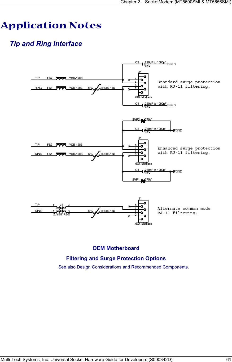 Chapter 2 – SocketModem (MT5600SMI &amp; MT5656SMI) Multi-Tech Systems, Inc. Universal Socket Hardware Guide for Developers (S000342D)  61  Application Notes Tip and Ring Interface       OEM Motherboard Filtering and Surge Protection Options See also Design Considerations and Recommended Components.