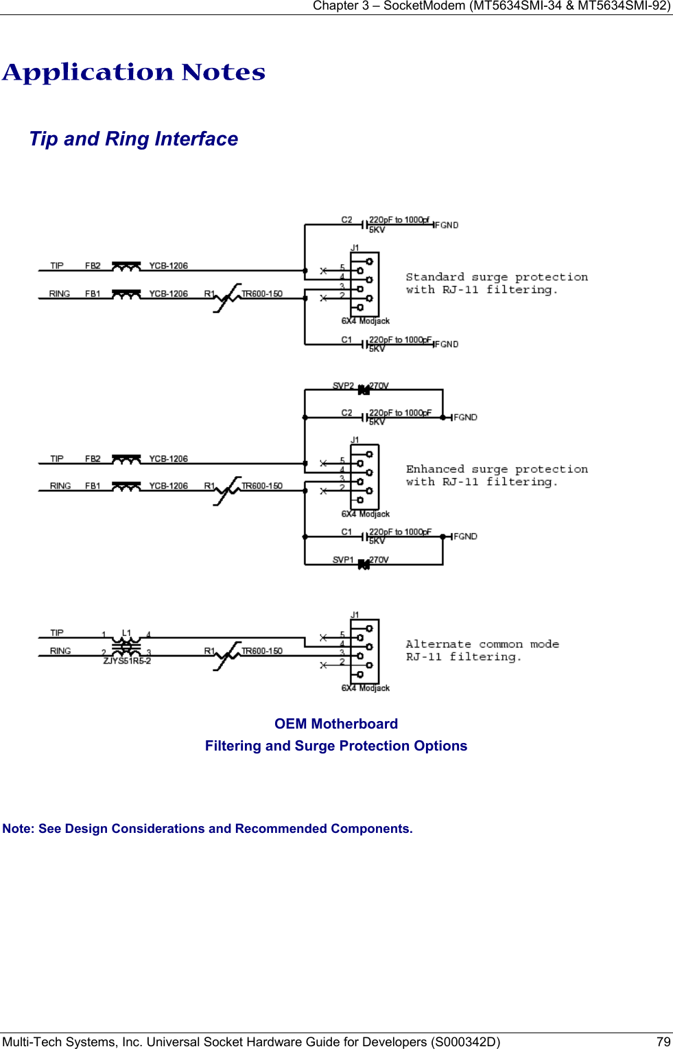 Chapter 3 – SocketModem (MT5634SMI-34 &amp; MT5634SMI-92) Multi-Tech Systems, Inc. Universal Socket Hardware Guide for Developers (S000342D)  79  Application Notes  Tip and Ring Interface    OEM Motherboard Filtering and Surge Protection Options   Note: See Design Considerations and Recommended Components.   