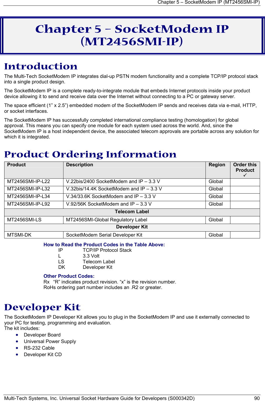 Chapter 5 – SocketModem IP (MT2456SMI-IP) Multi-Tech Systems, Inc. Universal Socket Hardware Guide for Developers (S000342D)  90  Chapter 5 – SocketModem IP (MT2456SMI-IP) Introduction The Multi-Tech SocketModem IP integrates dial-up PSTN modem functionality and a complete TCP/IP protocol stack into a single product design.  The SocketModem IP is a complete ready-to-integrate module that embeds Internet protocols inside your product device allowing it to send and receive data over the Internet without connecting to a PC or gateway server.  The space efficient (1” x 2.5”) embedded modem of the SocketModem IP sends and receives data via e-mail, HTTP, or socket interfaces.  The SocketModem IP has successfully completed international compliance testing (homologation) for global approval. This means you can specify one module for each system used across the world. And, since the SocketModem IP is a host independent device, the associated telecom approvals are portable across any solution for which it is integrated. Product Ordering Information Product  Description  Region  Order this Product  3 MT2456SMI-IP-L22 V.22bis/2400 SocketModem and IP – 3.3 V       Global   MT2456SMI-IP-L32 V.32bis/14.4K SocketModem and IP – 3.3 V      Global   MT2456SMI-IP-L34 V.34/33.6K SocketModem and IP – 3.3 V      Global   MT2456SMI-IP-L92 V.92/56K SocketModem and IP – 3.3 V        Global   Telecom Label MT2456SMI-LS  MT2456SMI-Global Regulatory Label  Global   Developer Kit MTSMI-DK SocketModem Serial Developer Kit  Global   How to Read the Product Codes in the Table Above: IP  TCP/IP Protocol Stack L 3.3 Volt  LS Telecom Label DK Developer Kit Other Product Codes: Rx  “R” indicates product revision. “x” is the revision number. RoHs ordering part number includes an .R2 or greater.  Developer Kit The SocketModem IP Developer Kit allows you to plug in the SocketModem IP and use it externally connected to your PC for testing, programming and evaluation.   The kit includes: • Developer Board • Universal Power Supply • RS-232 Cable • Developer Kit CD  