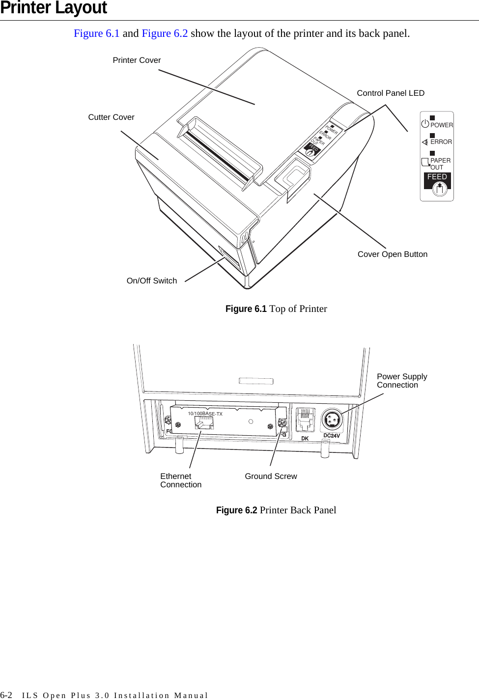 6-2 ILS Open Plus 3.0 Installation ManualPrinter LayoutFigure 6.1 and Figure 6.2 show the layout of the printer and its back panel.Figure 6.1 Top of PrinterFigure 6.2 Printer Back PanelERRORPOWERPAPEROUTFEEDERRORPOWERPAPEROUTFEEDPrinter CoverCutter CoverCover Open ButtonControl Panel LEDOn/Off SwitchDKDC24VFGFG10/100BASE-TXPower Supply ConnectionGround ScrewEthernet Connection