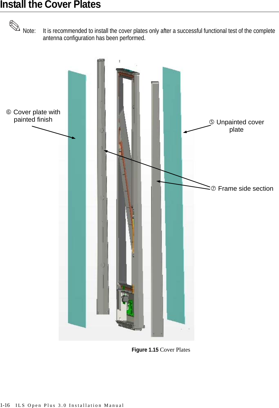 1-16 ILS Open Plus 3.0 Installation ManualInstall the Cover Plates Note: It is recommended to install the cover plates only after a successful functional test of the complete antenna configuration has been performed.Figure 1.15 Cover Platesg Unpainted cover plate h Cover plate with painted finish i Frame side section