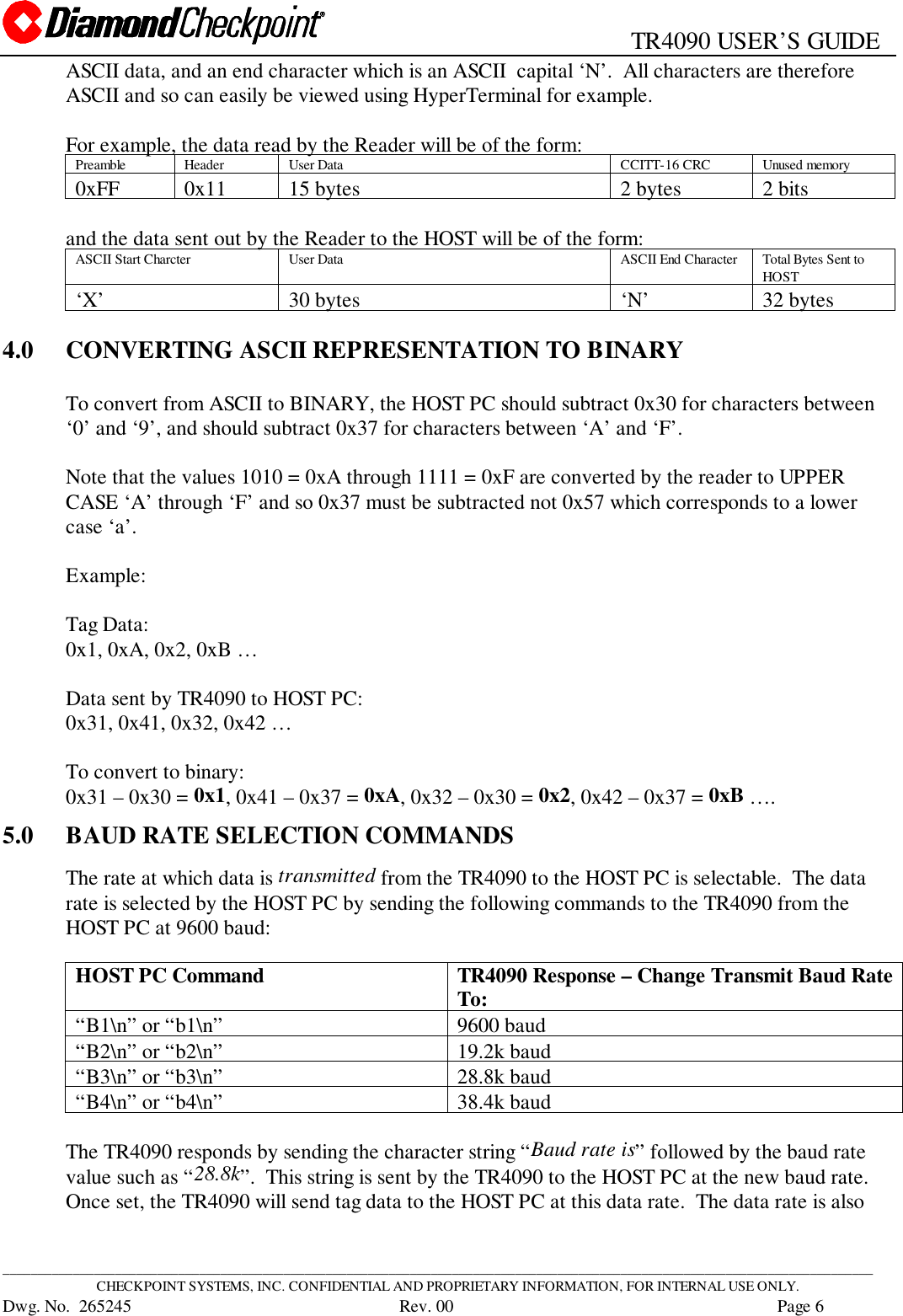                                                   TR4090 USER’S GUIDE____________________________________________________________________________________________________________________________CHECKPOINT SYSTEMS, INC. CONFIDENTIAL AND PROPRIETARY INFORMATION, FOR INTERNAL USE ONLY.Dwg. No.  265245      Rev. 00 Page 6ASCII data, and an end character which is an ASCII  capital ‘N’.  All characters are thereforeASCII and so can easily be viewed using HyperTerminal for example.For example, the data read by the Reader will be of the form:Preamble Header User Data CCITT-16 CRC Unused memory0xFF 0x11 15 bytes 2 bytes 2 bitsand the data sent out by the Reader to the HOST will be of the form:ASCII Start Charcter User Data ASCII End Character Total Bytes Sent toHOST‘X’ 30 bytes ‘N’ 32 bytes4.0 CONVERTING ASCII REPRESENTATION TO BINARYTo convert from ASCII to BINARY, the HOST PC should subtract 0x30 for characters between‘0’ and ‘9’, and should subtract 0x37 for characters between ‘A’ and ‘F’.Note that the values 1010 = 0xA through 1111 = 0xF are converted by the reader to UPPERCASE ‘A’ through ‘F’ and so 0x37 must be subtracted not 0x57 which corresponds to a lowercase ‘a’.Example:Tag Data:0x1, 0xA, 0x2, 0xB …Data sent by TR4090 to HOST PC:0x31, 0x41, 0x32, 0x42 …To convert to binary:0x31 – 0x30 = 0x1, 0x41 – 0x37 = 0xA, 0x32 – 0x30 = 0x2, 0x42 – 0x37 = 0xB ….5.0 BAUD RATE SELECTION COMMANDSThe rate at which data is transmitted from the TR4090 to the HOST PC is selectable.  The datarate is selected by the HOST PC by sending the following commands to the TR4090 from theHOST PC at 9600 baud:HOST PC Command TR4090 Response – Change Transmit Baud RateTo:“B1\n” or “b1\n” 9600 baud“B2\n” or “b2\n” 19.2k baud“B3\n” or “b3\n” 28.8k baud“B4\n” or “b4\n” 38.4k baudThe TR4090 responds by sending the character string “Baud rate is” followed by the baud ratevalue such as “28.8k”.  This string is sent by the TR4090 to the HOST PC at the new baud rate.Once set, the TR4090 will send tag data to the HOST PC at this data rate.  The data rate is also