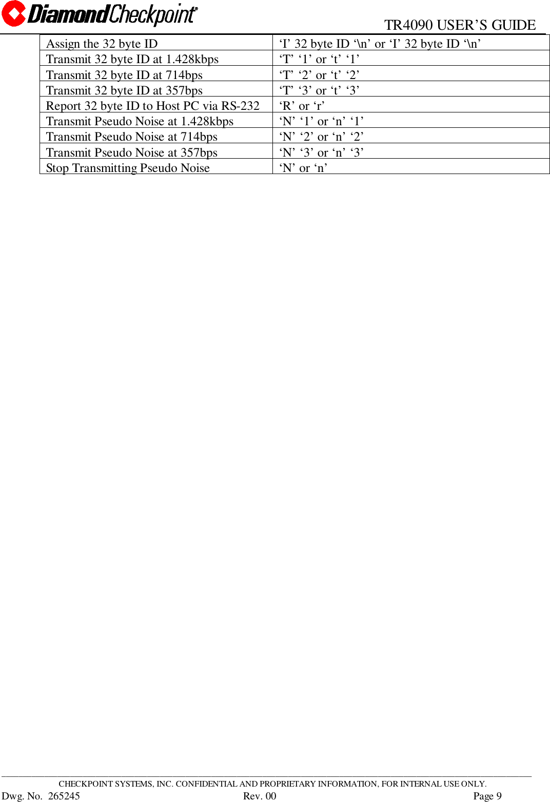                                                   TR4090 USER’S GUIDE____________________________________________________________________________________________________________________________CHECKPOINT SYSTEMS, INC. CONFIDENTIAL AND PROPRIETARY INFORMATION, FOR INTERNAL USE ONLY.Dwg. No.  265245      Rev. 00 Page 9Assign the 32 byte ID ‘I’ 32 byte ID ‘\n’ or ‘I’ 32 byte ID ‘\n’Transmit 32 byte ID at 1.428kbps ‘T’ ‘1’ or ‘t’ ‘1’Transmit 32 byte ID at 714bps ‘T’ ‘2’ or ‘t’ ‘2’Transmit 32 byte ID at 357bps ‘T’ ‘3’ or ‘t’ ‘3’Report 32 byte ID to Host PC via RS-232 ‘R’ or ‘r’Transmit Pseudo Noise at 1.428kbps ‘N’ ‘1’ or ‘n’ ‘1’Transmit Pseudo Noise at 714bps ‘N’ ‘2’ or ‘n’ ‘2’Transmit Pseudo Noise at 357bps ‘N’ ‘3’ or ‘n’ ‘3’Stop Transmitting Pseudo Noise ‘N’ or ‘n’