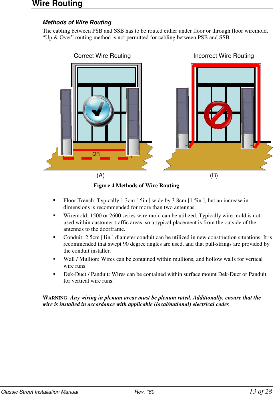 Classic Street Installation Manual                           Rev. *60           13 of 28 Wire Routing  Methods of Wire Routing  The cabling between PSB and SSB has to be routed either under floor or through floor wiremold. “Up &amp; Over” routing method is not permitted for cabling between PSB and SSB.   Figure 4 Methods of Wire Routing   Floor Trench: Typically 1.3cm [.5in.] wide by 3.8cm [1.5in.], but an increase in dimensions is recommended for more than two antennas.   Wiremold: 1500 or 2600 series wire mold can be utilized. Typically wire mold is not used within customer traffic areas, so a typical placement is from the outside of the antennas to the doorframe.   Conduit: 2.5cm [1in.] diameter conduit can be utilized in new construction situations. It is recommended that swept 90 degree angles are used, and that pull-strings are provided by the conduit installer.   Wall / Mullion: Wires can be contained within mullions, and hollow walls for vertical wire runs.   Dek-Duct / Panduit: Wires can be contained within surface mount Dek-Duct or Panduit for vertical wire runs.  WARNING: Any wiring in plenum areas must be plenum rated. Additionally, ensure that the wire is installed in accordance with applicable (local/national) electrical codes. Correct Wire Routing (A) Incorrect Wire Routing (B) OR 