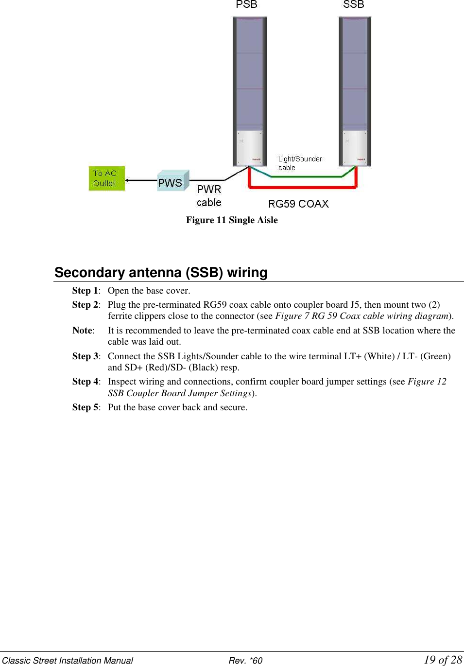 Classic Street Installation Manual                           Rev. *60           19 of 28  Figure 11 Single Aisle   Secondary antenna (SSB) wiring Step 1:   Open the base cover. Step 2:   Plug the pre-terminated RG59 coax cable onto coupler board J5, then mount two (2) ferrite clippers close to the connector (see Figure 7 RG 59 Coax cable wiring diagram). Note:   It is recommended to leave the pre-terminated coax cable end at SSB location where the cable was laid out. Step 3:   Connect the SSB Lights/Sounder cable to the wire terminal LT+ (White) / LT- (Green) and SD+ (Red)/SD- (Black) resp. Step 4:   Inspect wiring and connections, confirm coupler board jumper settings (see Figure 12 SSB Coupler Board Jumper Settings). Step 5:  Put the base cover back and secure. 