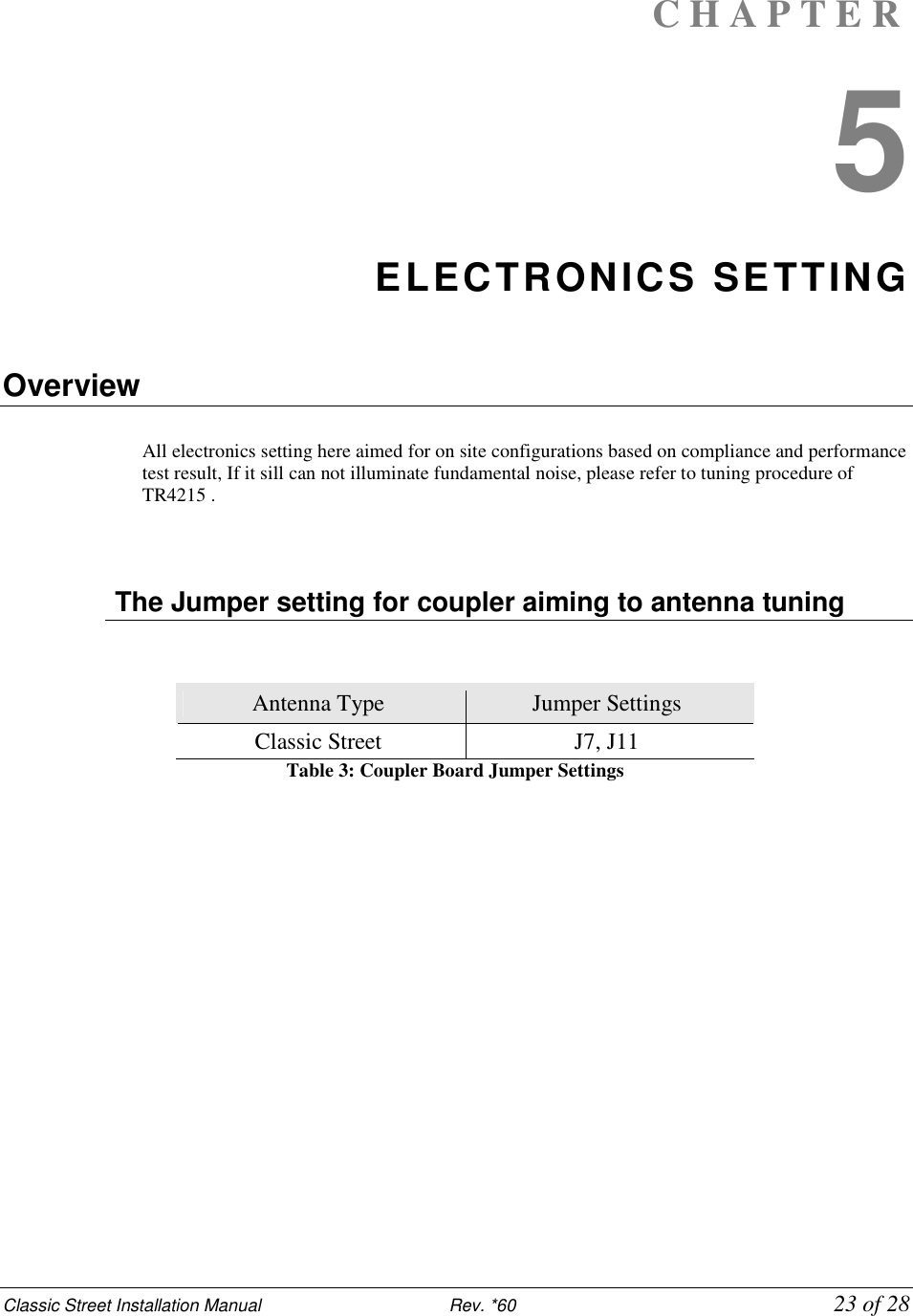 Classic Street Installation Manual                           Rev. *60             23 of 28 C H A P T E R  5 ELECTRONICS SETTING  Overview  All electronics setting here aimed for on site configurations based on compliance and performance test result, If it sill can not illuminate fundamental noise, please refer to tuning procedure of TR4215 .     The Jumper setting for coupler aiming to antenna tuning   Antenna Type  Jumper Settings Classic Street  J7, J11 Table 3: Coupler Board Jumper Settings                
