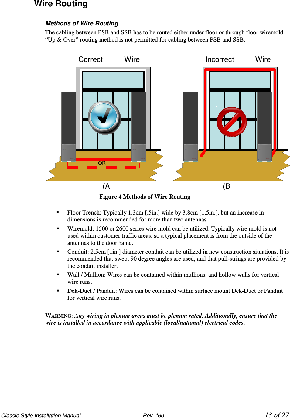 Classic Style Installation Manual                           Rev. *60           13 of 27 Wire Routing  Methods of Wire Routing  The cabling between PSB and SSB has to be routed either under floor or through floor wiremold. “Up &amp; Over” routing method is not permitted for cabling between PSB and SSB.   Figure 4 Methods of Wire Routing   Floor Trench: Typically 1.3cm [.5in.] wide by 3.8cm [1.5in.], but an increase in dimensions is recommended for more than two antennas.   Wiremold: 1500 or 2600 series wire mold can be utilized. Typically wire mold is not used within customer traffic areas, so a typical placement is from the outside of the antennas to the doorframe.   Conduit: 2.5cm [1in.] diameter conduit can be utilized in new construction situations. It is recommended that swept 90 degree angles are used, and that pull-strings are provided by the conduit installer.   Wall / Mullion: Wires can be contained within mullions, and hollow walls for vertical wire runs.   Dek-Duct / Panduit: Wires can be contained within surface mount Dek-Duct or Panduit for vertical wire runs.  WARNING: Any wiring in plenum areas must be plenum rated. Additionally, ensure that the wire is installed in accordance with applicable (local/national) electrical codes.        Correct  Wire  (A       Incorrect  Wire  (B OR 