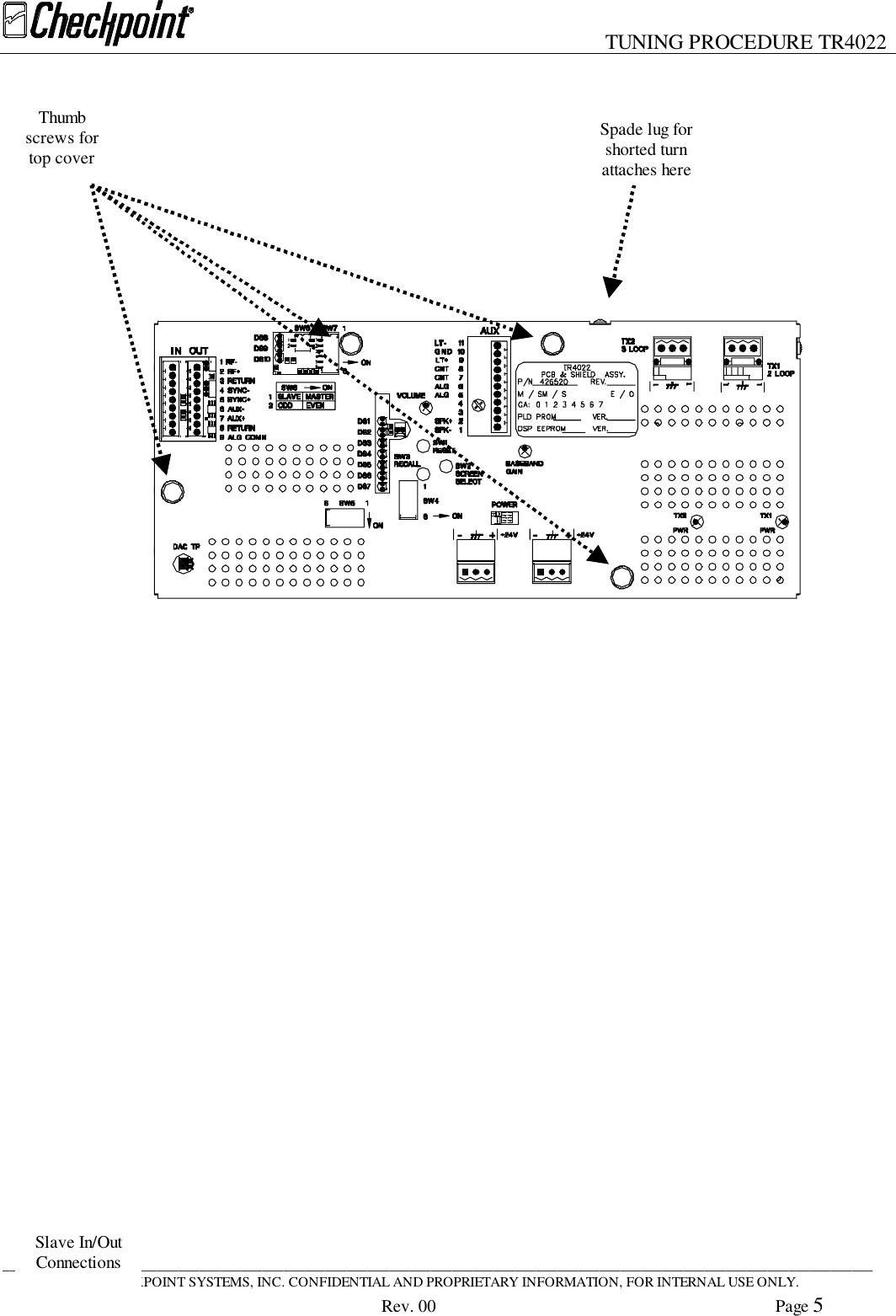 TUNING PROCEDURE TR4022____________________________________________________________________________________________________________________________CHECKPOINT SYSTEMS, INC. CONFIDENTIAL AND PROPRIETARY INFORMATION, FOR INTERNAL USE ONLY.Rev. 00 Page 5Spade lug forshorted turnattaches hereThumbscrews fortop coverSlave In/OutConnections