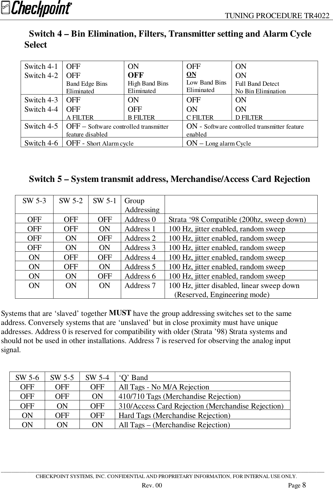 TUNING PROCEDURE TR4022____________________________________________________________________________________________________________________________CHECKPOINT SYSTEMS, INC. CONFIDENTIAL AND PROPRIETARY INFORMATION, FOR INTERNAL USE ONLY.Rev. 00 Page 8Switch 4 – Bin Elimination, Filters, Transmitter setting and Alarm CycleSelectSwitch 4-1Switch 4-2 OFFOFFBand Edge BinsEliminatedONOFFHigh Band BinsEliminatedOFFONLow Band BinsEliminatedONONFull Band DetectNo Bin EliminationSwitch 4-3Switch 4-4 OFFOFFA FILTERONOFFB FILTEROFFONC FILTERONOND FILTERSwitch 4-5 OFF – Software controlled transmitterfeature disabled ON - Software controlled transmitter featureenabledSwitch 4-6 OFF - Short Alarm cycle ON – Long alarm CycleSwitch 5 – System transmit address, Merchandise/Access Card RejectionSW 5-3 SW 5-2 SW 5-1 GroupAddressingOFF OFF OFF Address 0 Strata ‘98 Compatible (200hz, sweep down)OFF OFF ON Address 1 100 Hz, jitter enabled, random sweepOFF ON OFF Address 2 100 Hz, jitter enabled, random sweepOFF ON ON Address 3 100 Hz, jitter enabled, random sweepON OFF OFF Address 4 100 Hz, jitter enabled, random sweepON OFF ON Address 5 100 Hz, jitter enabled, random sweepON ON OFF Address 6 100 Hz, jitter enabled, random sweepON ON ON Address 7 100 Hz, jitter disabled, linear sweep down   (Reserved, Engineering mode)Systems that are ‘slaved’ together MUST have the group addressing switches set to the sameaddress. Conversely systems that are ‘unslaved’ but in close proximity must have uniqueaddresses. Address 0 is reserved for compatibility with older (Strata ’98) Strata systems andshould not be used in other installations. Address 7 is reserved for observing the analog inputsignal.SW 5-6 SW 5-5 SW 5-4 ‘Q’ BandOFF OFF OFF All Tags - No M/A RejectionOFF OFF ON 410/710 Tags (Merchandise Rejection)OFF ON OFF 310/Access Card Rejection (Merchandise Rejection)ON OFF OFF Hard Tags (Merchandise Rejection)ON ON ON All Tags – (Merchandise Rejection)