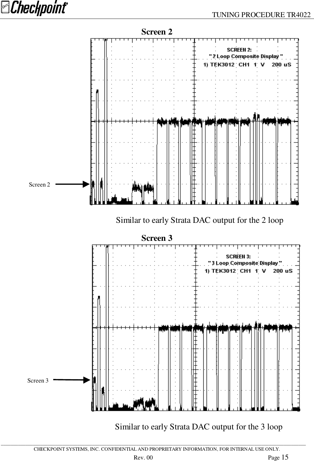 TUNING PROCEDURE TR4022____________________________________________________________________________________________________________________________CHECKPOINT SYSTEMS, INC. CONFIDENTIAL AND PROPRIETARY INFORMATION, FOR INTERNAL USE ONLY.Rev. 00 Page 15Screen 2Screen 3Screen 2Similar to early Strata DAC output for the 2 loopScreen 3Similar to early Strata DAC output for the 3 loop