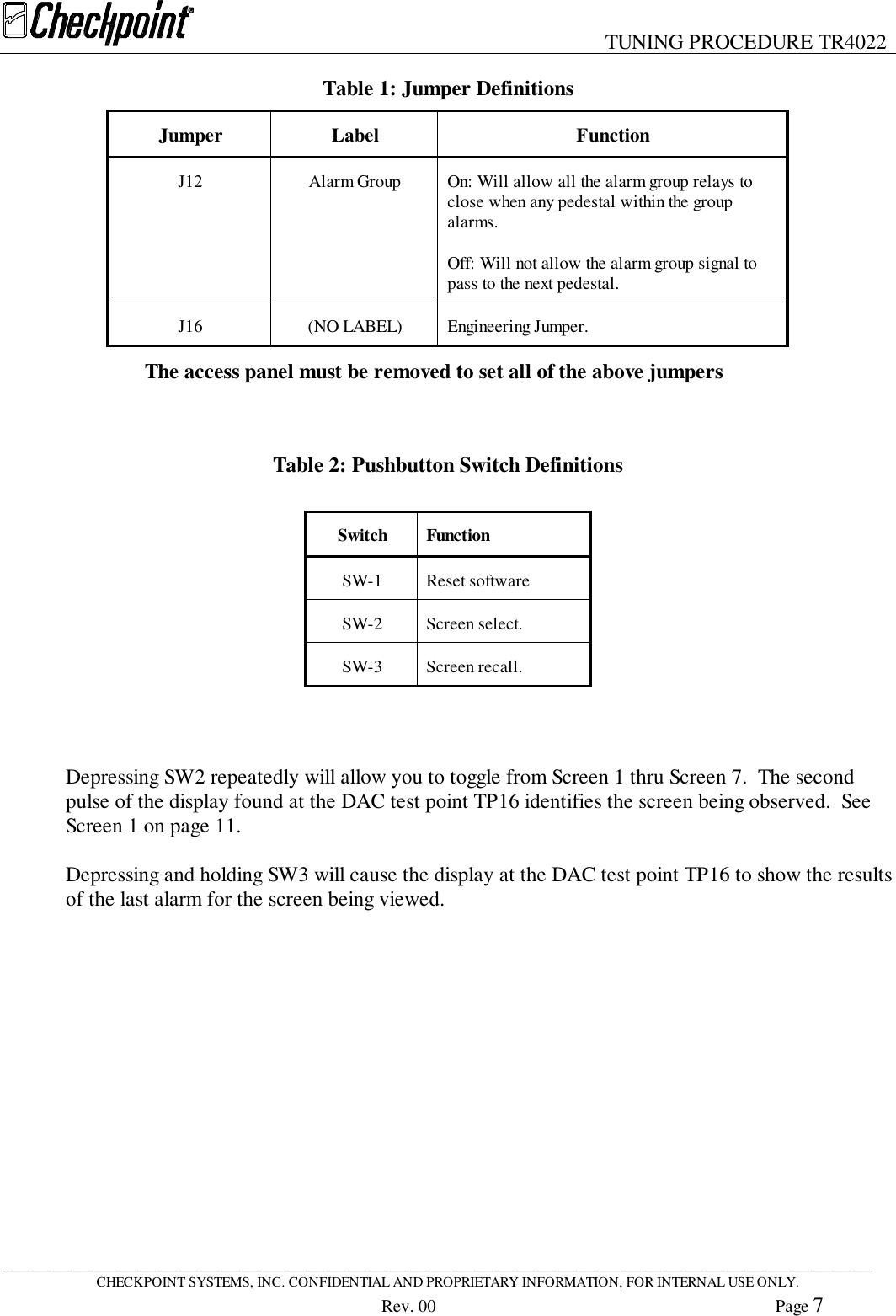 TUNING PROCEDURE TR4022____________________________________________________________________________________________________________________________CHECKPOINT SYSTEMS, INC. CONFIDENTIAL AND PROPRIETARY INFORMATION, FOR INTERNAL USE ONLY.Rev. 00 Page 7Table 1: Jumper DefinitionsJumper Label FunctionJ12 Alarm Group On: Will allow all the alarm group relays toclose when any pedestal within the groupalarms.Off: Will not allow the alarm group signal topass to the next pedestal.J16 (NO LABEL) Engineering Jumper.   The access panel must be removed to set all of the above jumpersTable 2: Pushbutton Switch DefinitionsSwitch FunctionSW-1 Reset softwareSW-2 Screen select.SW-3 Screen recall.Depressing SW2 repeatedly will allow you to toggle from Screen 1 thru Screen 7.  The secondpulse of the display found at the DAC test point TP16 identifies the screen being observed.  SeeScreen 1 on page 11.Depressing and holding SW3 will cause the display at the DAC test point TP16 to show the resultsof the last alarm for the screen being viewed.
