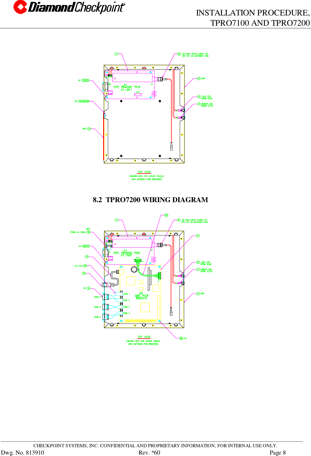                            INSTALLATION PROCEDURE,TPRO7100 AND TPRO7200____________________________________________________________________________________________________________________________CHECKPOINT SYSTEMS, INC. CONFIDENTIAL AND PROPRIETARY INFORMATION, FOR INTERNAL USE ONLY.Dwg. No. 813910      Rev. *60 Page 88.2  TPRO7200 WIRING DIAGRAM