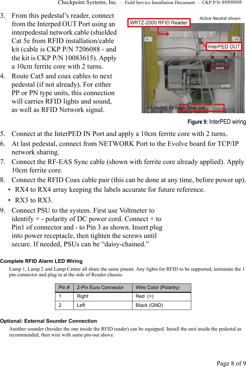 Checkpoint Systems, Inc.  –  Field Service Installation Document  –  CKP P/N #######Page 8 of 93.  From this pedestal’s reader, connect from the Interped OUT Port using an  interpedestal network cable (shielded Cat 5e from RFID installation/cable kit (cable is CKP P/N 7206088 - and the kit is CKP P/N 10083615). Apply a 10cm ferrite core with 2 turns.4.  Route Cat5 and coax cables to next pedestal (if not already). For either PP or PN type units, this connection will carries RFID lights and sound, as well as RFID Network signal. Figure 9: InterPED wiring5.  Connect at the InterPED IN Port and apply a 10cm ferrite core with 2 turns. 6.  At last pedestal, connect from NETWORK Port to the Evolve board for TCP/IP network sharing. 7.  Connect the RF-EAS Sync cable (shown with ferrite core already applied). Apply 10cm ferrite core.8.  Connect the RFID Coax cable pair (this can be done at any time, before power up).• RX4 to RX4 array keeping the labels accurate for future reference.•RX3 to RX3. 9.  Connect PSU to the system. First use Voltmeter to identify + - polarity of DC power cord. Connect + to Pin1 of connector and - to Pin 3 as shown. Insert plug into power receptacle, then tighten the screws until secure. If needed, PSUs can be “daisy-chained.”Complete RFID Alarm LED WiringLamp 1, Lamp 2 and Lamp Center all share the same pinout. Any lights for RFID to be supported, terminate the 1 pin connector and plug in at the side of Reader chassis.Optional: External Sounder ConnectionAnother sounder (besides the one inside the RFID reader) can be equipped. Install the unit inside the pedestal as recommended, then wire with same pin-out above. Pin # 2-Pin Euro Connector  Wire Color (Polarity)1Right Red  (+)2 Left Black (GND)