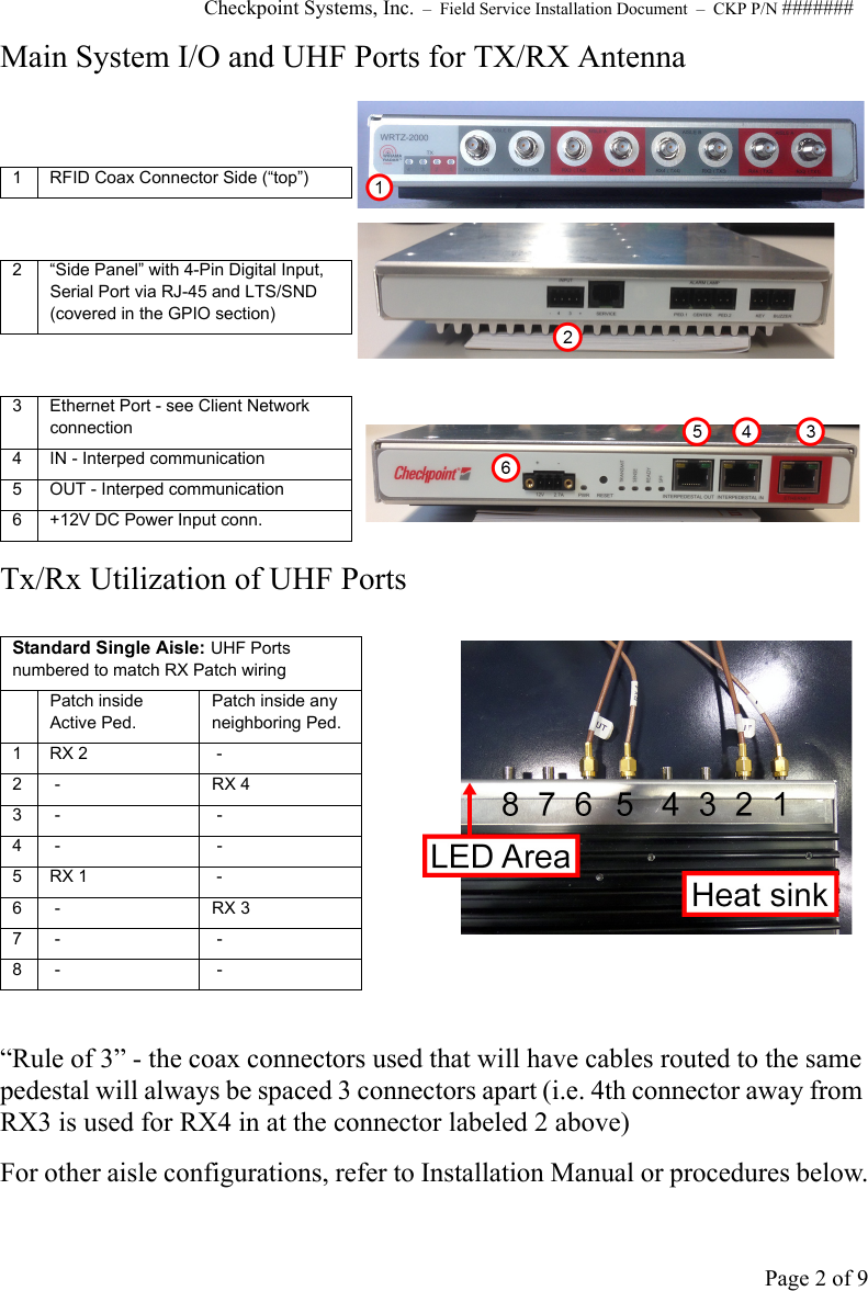 Checkpoint Systems, Inc.  –  Field Service Installation Document  –  CKP P/N #######Page 2 of 9Main System I/O and UHF Ports for TX/RX AntennaTx/Rx Utilization of UHF Ports“Rule of 3” - the coax connectors used that will have cables routed to the same pedestal will always be spaced 3 connectors apart (i.e. 4th connector away from RX3 is used for RX4 in at the connector labeled 2 above)For other aisle configurations, refer to Installation Manual or procedures below.1 RFID Coax Connector Side (“top”)2 “Side Panel” with 4-Pin Digital Input, Serial Port via RJ-45 and LTS/SND (covered in the GPIO section)3 Ethernet Port - see Client Network connection4 IN - Interped communication5 OUT - Interped communication6 +12V DC Power Input conn. Standard Single Aisle: UHF Ports numbered to match RX Patch wiringPatch inside Active Ped. Patch inside any neighboring Ped.1RX 2  -2 -  RX 43 -  -4 -  -5RX 1  -6 - RX 37 -   -8 -  -