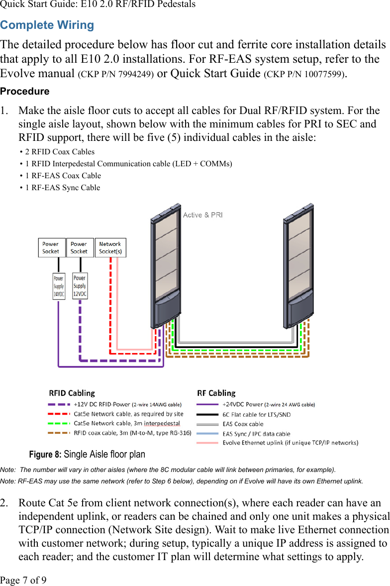 Quick Start Guide: E10 2.0 RF/RFID PedestalsPage 7 of 9Complete WiringThe detailed procedure below has floor cut and ferrite core installation details that apply to all E10 2.0 installations. For RF-EAS system setup, refer to the Evolve manual (CKP P/N 7994249) or Quick Start Guide (CKP P/N 10077599).Procedure1.  Make the aisle floor cuts to accept all cables for Dual RF/RFID system. For the single aisle layout, shown below with the minimum cables for PRI to SEC and RFID support, there will be five (5) individual cables in the aisle:• 2 RFID Coax Cables• 1 RFID Interpedestal Communication cable (LED + COMMs)• 1 RF-EAS Coax Cable• 1 RF-EAS Sync CableFigure 8: Single Aisle floor plan Note:  The number will vary in other aisles (where the 8C modular cable will link between primaries, for example). Note: RF-EAS may use the same network (refer to Step 6 below), depending on if Evolve will have its own Ethernet uplink.2.  Route Cat 5e from client network connection(s), where each reader can have an independent uplink, or readers can be chained and only one unit makes a physical TCP/IP connection (Network Site design). Wait to make live Ethernet connection with customer network; during setup, typically a unique IP address is assigned to each reader; and the customer IT plan will determine what settings to apply.