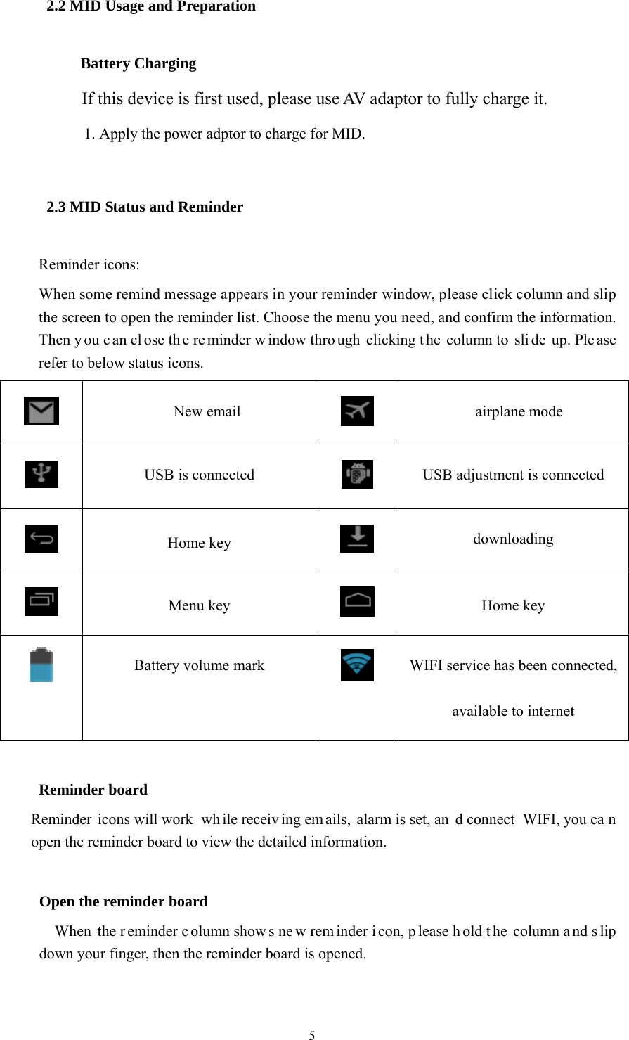  5 2.2 MID Usage and Preparation Battery Charging If this device is first used, please use AV adaptor to fully charge it. 1. Apply the power adptor to charge for MID. 2.3 MID Status and Reminder Reminder icons: When some remind message appears in your reminder window, please click column and slip the screen to open the reminder list. Choose the menu you need, and confirm the information. Then y ou c an cl ose th e re minder w indow thro ugh clicking t he column to  sli de up. Ple ase refer to below status icons.  New email   airplane mode  USB is connected     USB adjustment is connected  Home key  downloading  Menu key  Home key  Battery volume mark   WIFI service has been connected, available to internet        Reminder board     Reminder icons will work  wh ile receiv ing em ails, alarm is set, an d connect  WIFI, you ca n open the reminder board to view the detailed information.  Open the reminder board    When the r eminder c olumn show s ne w rem inder i con, p lease h old t he column a nd s lip down your finger, then the reminder board is opened. 