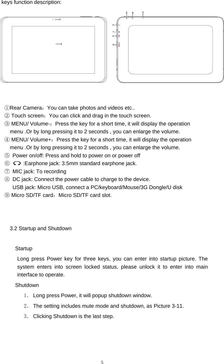  5 keys function description:         ①Rear Camera：You can take photos and videos etc..  ② Touch screen：You can click and drag in the touch screen.  ③ MENU/ Volume-：Press the key for a short time, it will display the operation menu .Or by long pressing it to 2 seconds , you can enlarge the volume.    ④ MENU/ Volume+：Press the key for a short time, it will display the operation menu .Or by long pressing it to 2 seconds , you can enlarge the volume. ⑤  Power on/off: Press and hold to power on or power off ⑥   ：:Earphone jack: 3.5mm standard earphone jack. ⑦  MIC jack: To recording ⑧  DC jack: Connect the power cable to charge to the device.       USB jack: Micro USB, connect a PC/keyboard/Mouse/3G Dongle/U disk  ⑨ Micro SD/TF card：Micro SD/TF card slot.     3.2 Startup and Shutdown    Startup Long press Power key for three keys, you can enter into startup picture. The system enters into screen locked status, please unlock it to enter into main interface to operate.    Shutdown 1． Long press Power, it will popup shutdown window. 2． The setting includes mute mode and shutdown, as Picture 3-11. 3． Clicking Shutdown is the last step. 