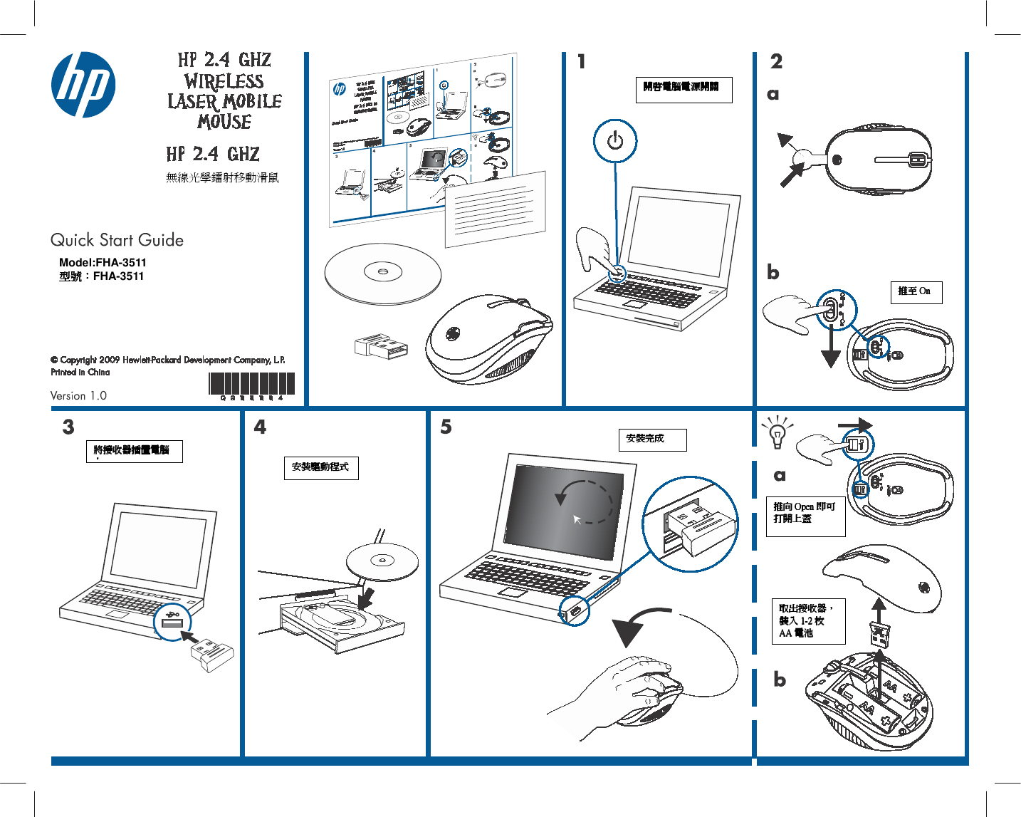                            無線光學鐳射移動滑鼠  Model:FHA-3511 型號型號型號型號：：：：FHA-3511  開啟電腦電源開關開啟電腦電源開關開啟電腦電源開關開啟電腦電源開關    推至推至推至推至 OnOnOnOn    將接收器插置電腦將接收器插置電腦將接收器插置電腦將接收器插置電腦上上上上    安裝驅動程式安裝驅動程式安裝驅動程式安裝驅動程式    安裝完成安裝完成安裝完成安裝完成    推向推向推向推向 OpenOpenOpenOpen 即可即可即可即可打開上蓋打開上蓋打開上蓋打開上蓋    取出接收器取出接收器取出接收器取出接收器，，，，裝入裝入裝入裝入 1111----2222 枚枚枚枚AAAAAAAA 電池電池電池電池    