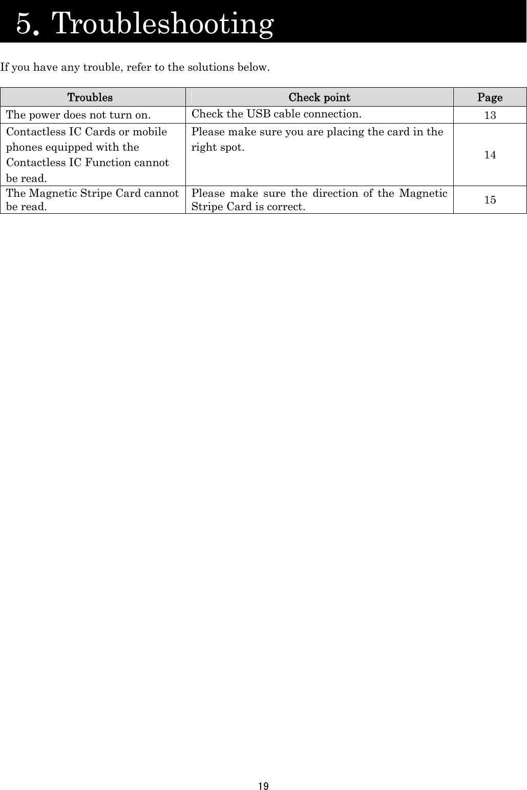 19   5．Troubleshooting                    If you have any trouble, refer to the solutions below.  Troubles  Check point  Page The power does not turn on.  Check the USB cable connection.  13 Contactless IC Cards or mobile phones equipped with the Contactless IC Function cannot be read. Please make sure you are placing the card in the right spot.  14 The Magnetic Stripe Card cannot be read. Please make sure the direction of the Magnetic Stripe Card is correct.  15   