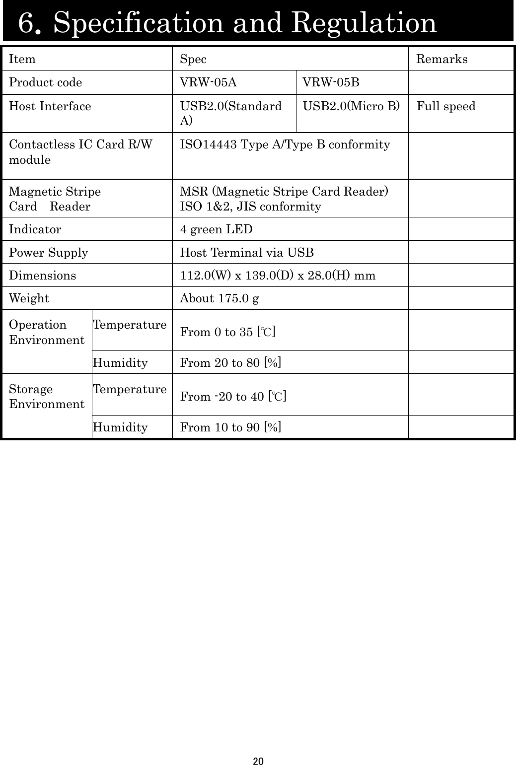 20   6．Specification and Regulation         Item Spec  Remarks Product code  VRW-05A  VRW-05B   Host Interface  USB2.0(Standard A)   USB2.0(Micro B)  Full speed Contactless IC Card R/W module ISO14443 Type A/Type B conformity   Magnetic Stripe Card  Reader MSR (Magnetic Stripe Card Reader) ISO 1&amp;2, JIS conformity  Indicator  4 green LED   Power Supply  Host Terminal via USB   Dimensions  112.0(W) x 139.0(D) x 28.0(H) mm   Weight  About 175.0 g   Operation Environment Temperature  From 0 to 35 [℃]   Humidity  From 20 to 80 [%]   Storage Environment Temperature  From -20 to 40 [℃]   Humidity  From 10 to 90 [%]     