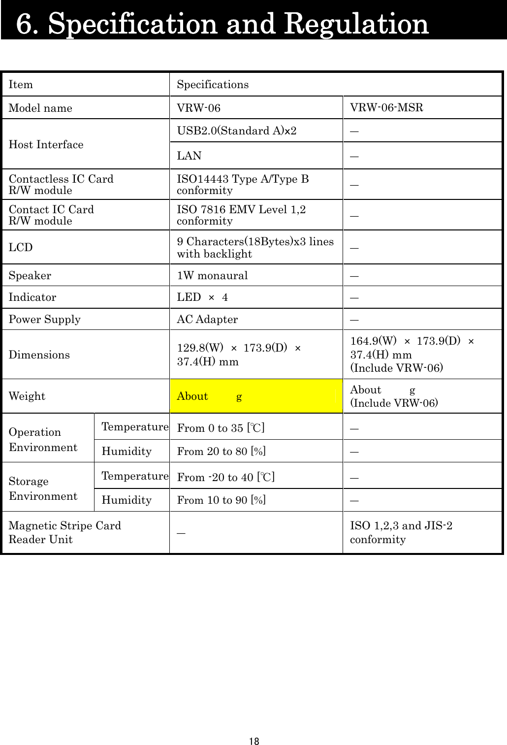 18     6. Specification and Regulation           Item Specifications Model name  VRW-06  VRW-06-MSR Host Interface USB2.0(Standard A)ｘ2  ― LAN  ― Contactless IC Card R/W module  ISO14443 Type A/Type B conformity― Contact IC Card R/W module  ISO 7816 EMV Level 1,2 conformity― LCD  9 Characters(18Bytes)x3 lines with backlight ― Speaker  1W monaural ― Indicator  LED  × 4  ― Power Supply  AC Adapter  ― Dimensions  129.8(W)  × 173.9(D)  × 37.4(H) mm 164.9(W)  × 173.9(D)  ×37.4(H) mm (Include VRW-06) Weight  About     g About     g (Include VRW-06) Operation Environment Temperature From 0 to 35 [℃]  ― Humidity  From 20 to 80 [%] ― Storage Environment Temperature From -20 to 40 [℃]  ― Humidity  From 10 to 90 [%] ― Magnetic Stripe Card   Reader Unit  ― ISO 1,2,3 and JIS-2 conformity     