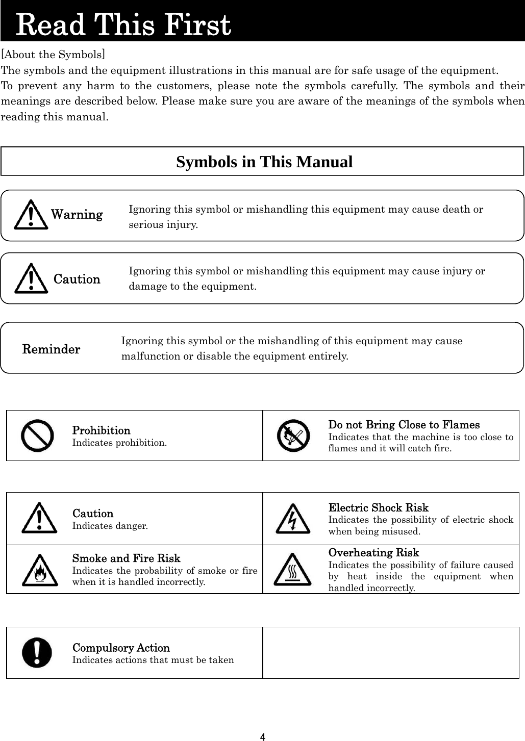 4      Read This First                     [About the Symbols] The symbols and the equipment illustrations in this manual are for safe usage of the equipment.   To prevent any harm to the customers, please note the symbols carefully. The symbols and their meanings are described below. Please make sure you are aware of the meanings of the symbols when reading this manual.      Ignoring this symbol or mishandling this equipment may cause death or serious injury.   Ignoring this symbol or mishandling this equipment may cause injury or   damage to the equipment.   Ignoring this symbol or the mishandling of this equipment may cause malfunction or disable the equipment entirely.     Prohibition Indicates prohibition. Do not Bring Close to Flames Indicates that the machine is too close to flames and it will catch fire.        Caution Indicates danger. Electric Shock Risk Indicates the possibility of electric shock when being misused.  Smoke and Fire Risk Indicates the probability of smoke or fire when it is handled incorrectly.  Overheating Risk Indicates the possibility of failure caused by heat inside the equipment when handled incorrectly.        Compulsory Action Indicates actions that must be taken       Symbols in This Manual Reminder Warning Caution 