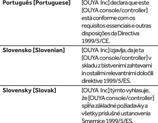  [OUYA  Inc] declara que este [OUYA console/controller] requisitos essenciais e outras disposições da Directiva 1999/5/CE. [OUYA console/controller] v direktive 1999/5/ES. všetky príslušné ustanovenia Smernice 1999/5/ES.