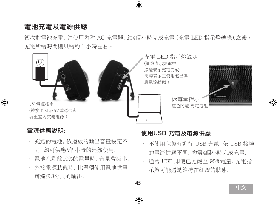 45快速使用導覽1. 首次使用前. 務必先使用內附充電器完成充電.2. 不使用時. 請維持電源關閉. FoxL 並無自動關機設置3. 建議最佳聆聽距離為1.5-3呎, 以及齊平雙耳高度. 選擇近場無背景噪音環境.4. 建議擺置於堅固表面, 近牆角及牆面則有助於加強輸出達到更好的低音效果.5.  當手持或胸掛 foxL 時, 可感受到低頻的振動.6. 重要信息: 置於堅硬面的foxL 在超震撼低音下會有些許走動情形.7. 外接電源狀態時. 可達多3分貝的輸出.8. 電池在剩餘10%的電量時. 音量會減小. 請準備進行充電.9.  藍牙無線傳輸的串流音樂播放雖然很方便. 但使用高音質錄音音效音樂及音源接線時,  可達最佳的音響效果.10. 最新資訊, 請隨時至www.soundmatters.com/foxl 更新.電池充電及電源供應使用USB 充電及電源供應•  不使用狀態時進行 USB 充電, 依 USB 接埠的電流供應不同. 約需4個小時完成充電.•  通常 USB 即使已充飽至 95%電量. 充電指示燈可能還是維持在紅燈的狀態.電源供應說明:•  充飽的電池, 依播放的輸出音量設定不同. 約可供應5個小時的連續使用.•  電池在剩餘10%的電量時. 音量會減小.•  外接電源狀態時. 比單獨使用電池供電可達多3分貝的輸出.初次對電池充電. 請使用內附 AC 充電器. 約4個小時完成充電 (充電 LED 指示燈轉綠).之後，充電所需時間則只需約１小時左右。中文5V 電源插座  (連接 foxL及5V電源供應器至室內交流電源 )充電 LED 指示燈說明(紅燈表示充電中;綠燈表示充電完成;閃爍表示正使用超出供 應電流狀態 )低電量指示紅色閃燈 充電電池