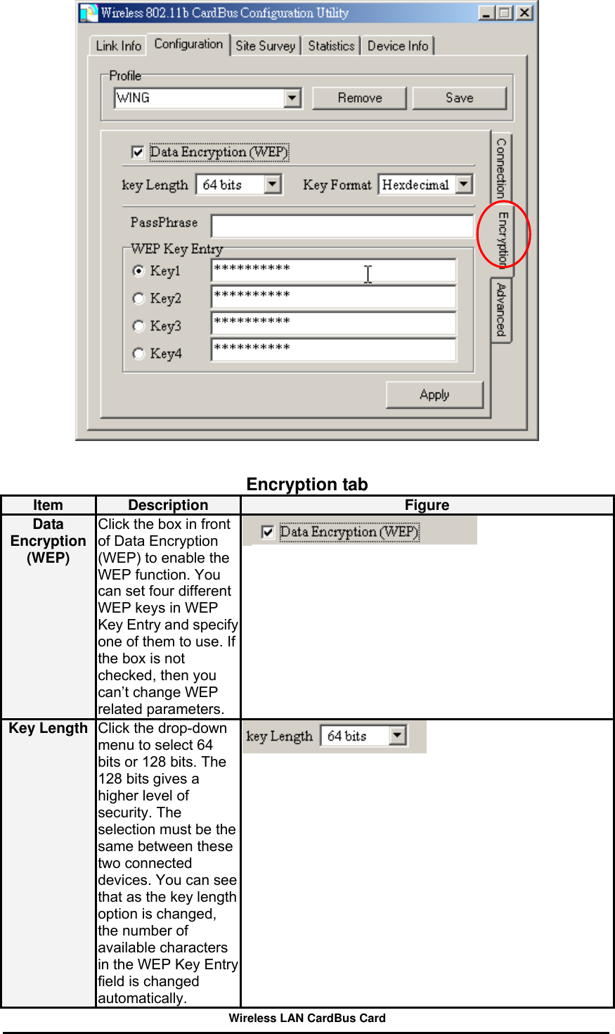    Encryption tab Item  Description  Figure Data Encryption (WEP) Click the box in front of Data Encryption (WEP) to enable the WEP function. You can set four different WEP keys in WEP Key Entry and specify one of them to use. If the box is not checked, then you can’t change WEP related parameters.  Key Length  Click the drop-down menu to select 64 bits or 128 bits. The 128 bits gives a higher level of security. The selection must be the same between these two connected devices. You can see that as the key lengthoption is changed, the number of available characters in the WEP Key Entry field is changed automatically.   Wireless LAN CardBus Card 