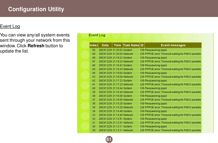 61Configuration UtilityEvent LogYou can view any/all system eventssent through your network from thiswindow. Click Refresh button toupdate the list.