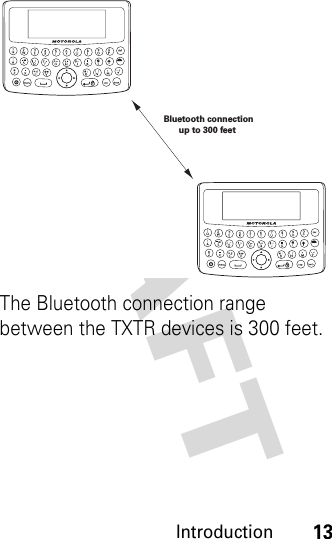 DRAFT Introduction13The Bluetooth connection range between the TXTR devices is 300 feet.Bluetooth connectionup to 300 feet 