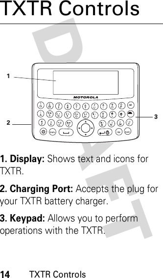 DRAFT 14TXTR ControlsTXTR Controls1. Display: Shows text and icons for TXTR.2. Charging Port: Accepts the plug for your TXTR battery charger.3. Keypad: Allows you to perform operations with the TXTR.213