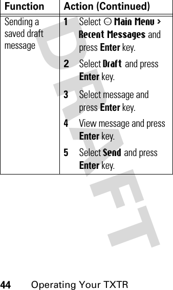 DRAFT 44Operating Your TXTRSending a saved draft message1Select m Main Menu &gt; Recent Messages and press Enter key.2Select Draft and press Enter key.3Select message and press Enter key.4View message and press Enter key.5Select Send and press Enter key.Function Action (Continued)