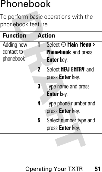 DRAFT Operating Your TXTR51PhonebookTo perform basic operations with the phonebook feature.Function ActionAdding new contact to phonebook1Select m Main Menu &gt; Phonebook and press Enter key.2Select NEW ENTRY and press Enter key.3Type name and press Enter key.4Type phone number and press Enter key.5Select number type and press Enter key.