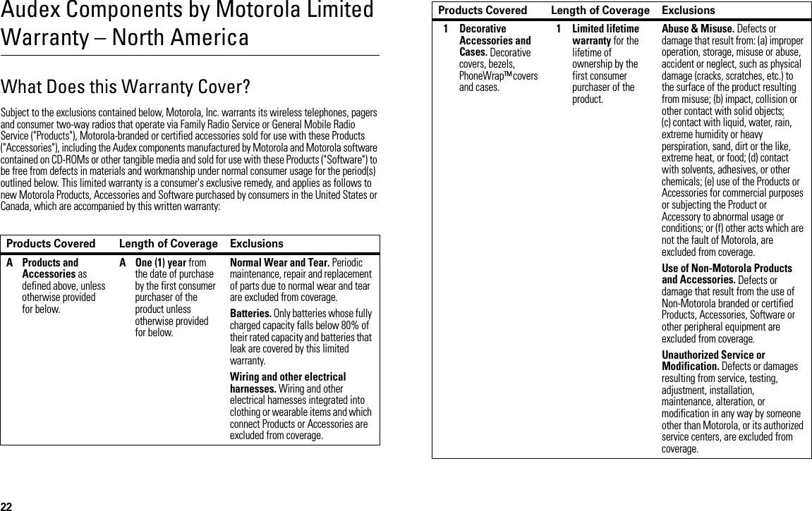 22Audex Components by Motorola Limited Warranty – North AmericaWhat Does this Warranty Cover?Subject to the exclusions contained below, Motorola, Inc. warrants its wireless telephones, pagers and consumer two-way radios that operate via Family Radio Service or General Mobile Radio Service (&quot;Products&quot;), Motorola-branded or certified accessories sold for use with these Products (&quot;Accessories&quot;), including the Audex components manufactured by Motorola and Motorola software contained on CD-ROMs or other tangible media and sold for use with these Products (&quot;Software&quot;) to be free from defects in materials and workmanship under normal consumer usage for the period(s) outlined below. This limited warranty is a consumer&apos;s exclusive remedy, and applies as follows to new Motorola Products, Accessories and Software purchased by consumers in the United States or Canada, which are accompanied by this written warranty:Products Covered Length of Coverage ExclusionsA Products and Accessories as defined above, unless otherwise provided for below.A One (1) year from the date of purchase by the first consumer purchaser of the product unless otherwise provided for below.Normal Wear and Tear. Periodic maintenance, repair and replacement of parts due to normal wear and tear are excluded from coverage.Batteries. Only batteries whose fully charged capacity falls below 80% of their rated capacity and batteries that leak are covered by this limited warranty.Wiring and other electrical harnesses. Wiring and other electrical harnesses integrated into clothing or wearable items and which connect Products or Accessories are excluded from coverage.1 Decorative Accessories and Cases. Decorative covers, bezels, PhoneWrap™ covers and cases.1 Limited lifetime warranty for the lifetime of ownership by the first consumer purchaser of the product.Abuse &amp; Misuse. Defects or damage that result from: (a) improper operation, storage, misuse or abuse, accident or neglect, such as physical damage (cracks, scratches, etc.) to the surface of the product resulting from misuse; (b) impact, collision or other contact with solid objects; (c) contact with liquid, water, rain, extreme humidity or heavy perspiration, sand, dirt or the like, extreme heat, or food; (d) contact with solvents, adhesives, or other chemicals; (e) use of the Products or Accessories for commercial purposes or subjecting the Product or Accessory to abnormal usage or conditions; or (f) other acts which are not the fault of Motorola, are excluded from coverage.Use of Non-Motorola Products and Accessories. Defects or damage that result from the use of Non-Motorola branded or certified Products, Accessories, Software or other peripheral equipment are excluded from coverage.Unauthorized Service or Modification. Defects or damages resulting from service, testing, adjustment, installation, maintenance, alteration, or modification in any way by someone other than Motorola, or its authorized service centers, are excluded from coverage.Products Covered Length of Coverage Exclusions